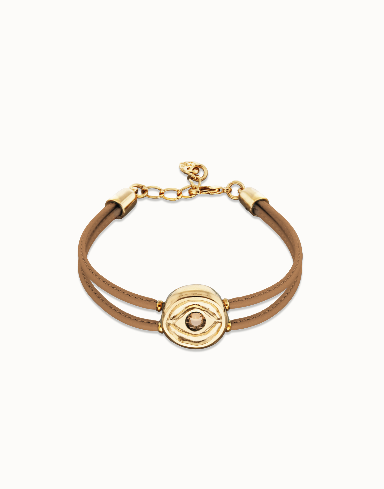 Double cream leather birthstone bracelet with eye, Golden, large thumbnail