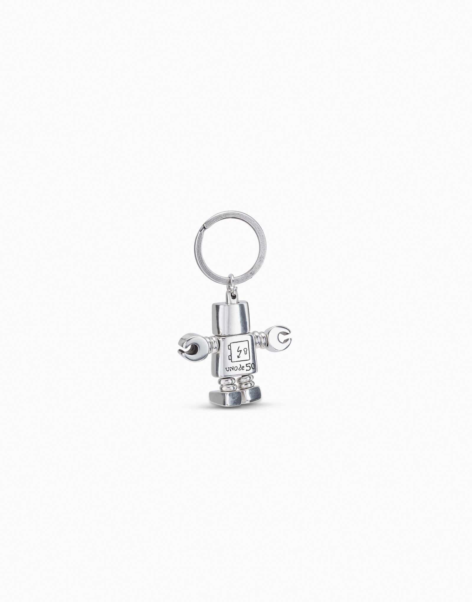 Sterling silver-plated engraved robot and logo key-ring, , large thumbnail