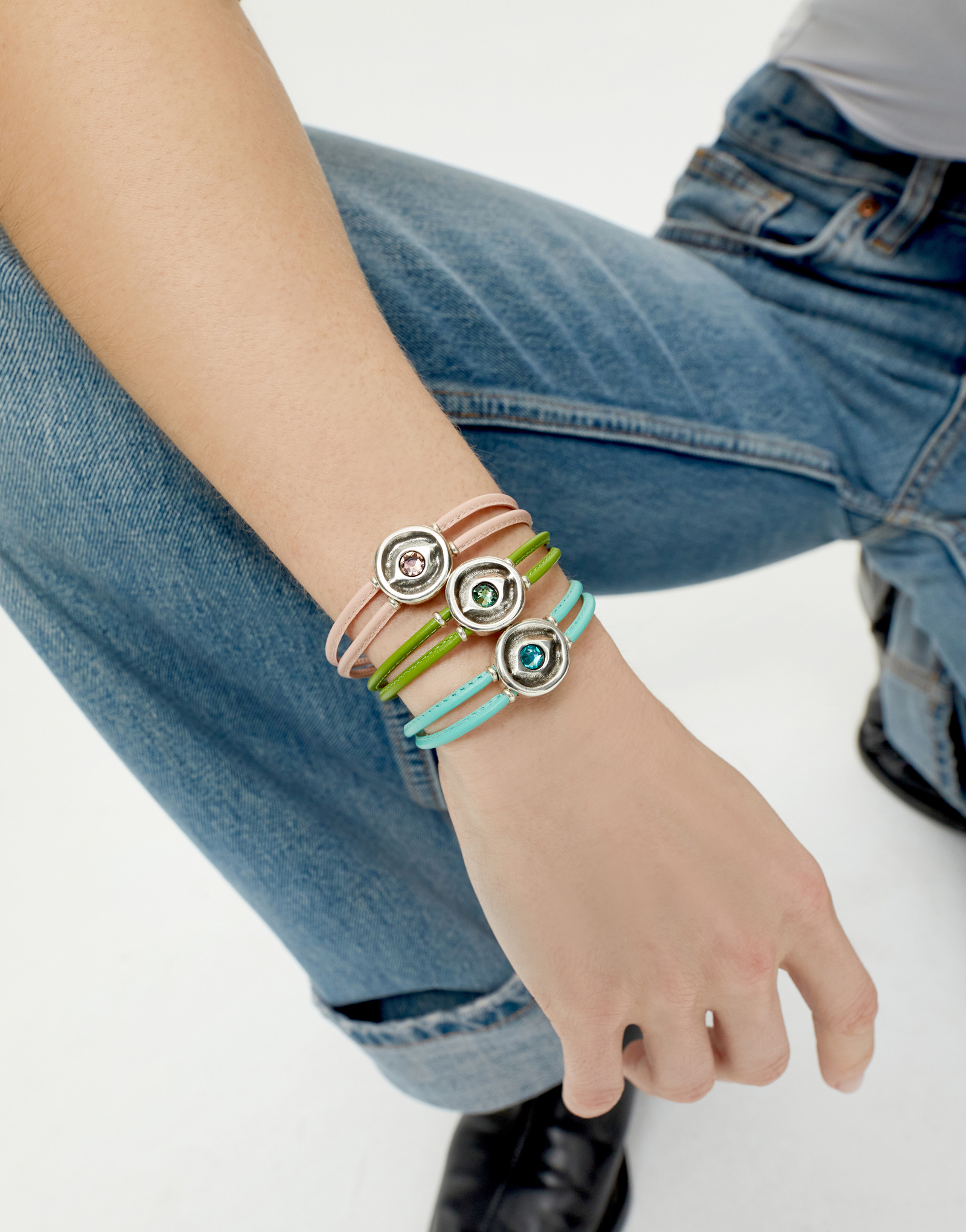 Double green leather birthstone bracelet with eye, Silver, large thumbnail