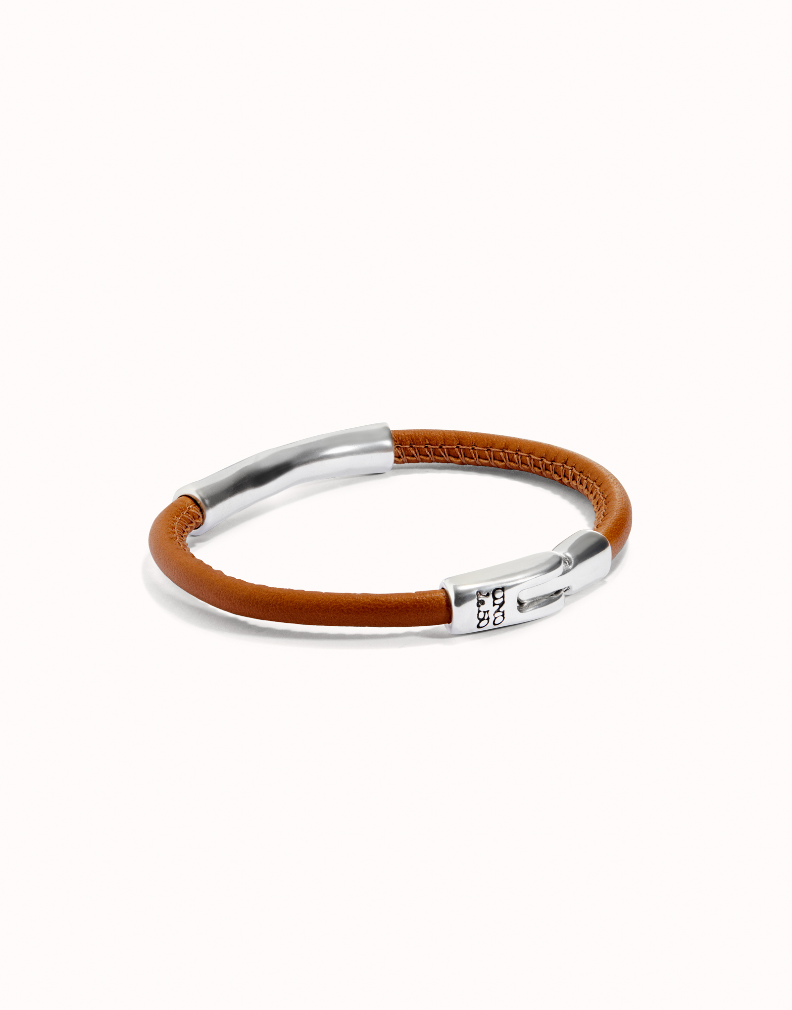 Brown leather bracelet with sterling silver-plated central detail, Silver, large thumbnail