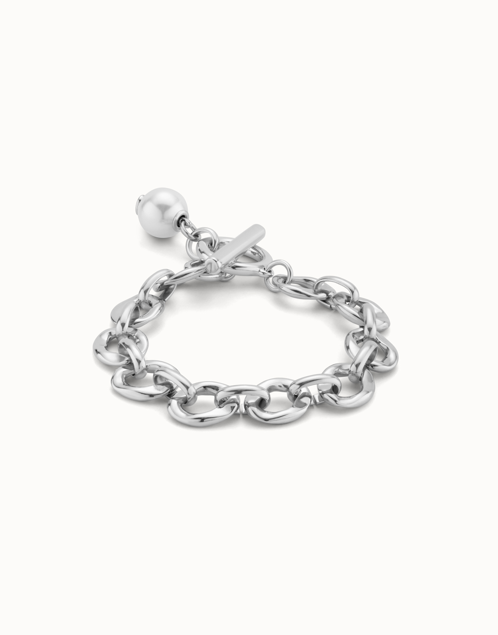 Large link chain bracelet with a pearl, Silver, large thumbnail
