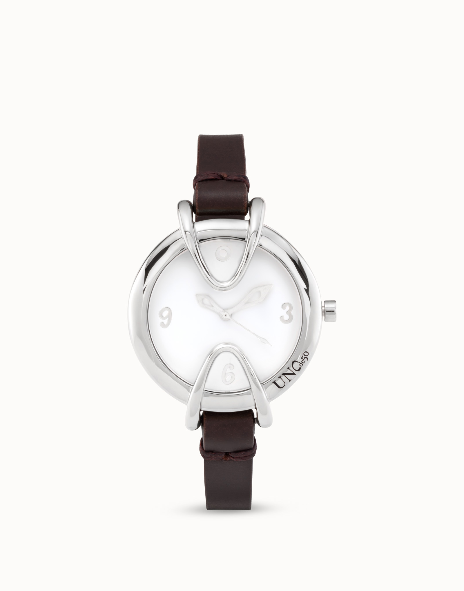 Sterling silver-plated watch with black leather strap and round white dial, Silver, large thumbnail
