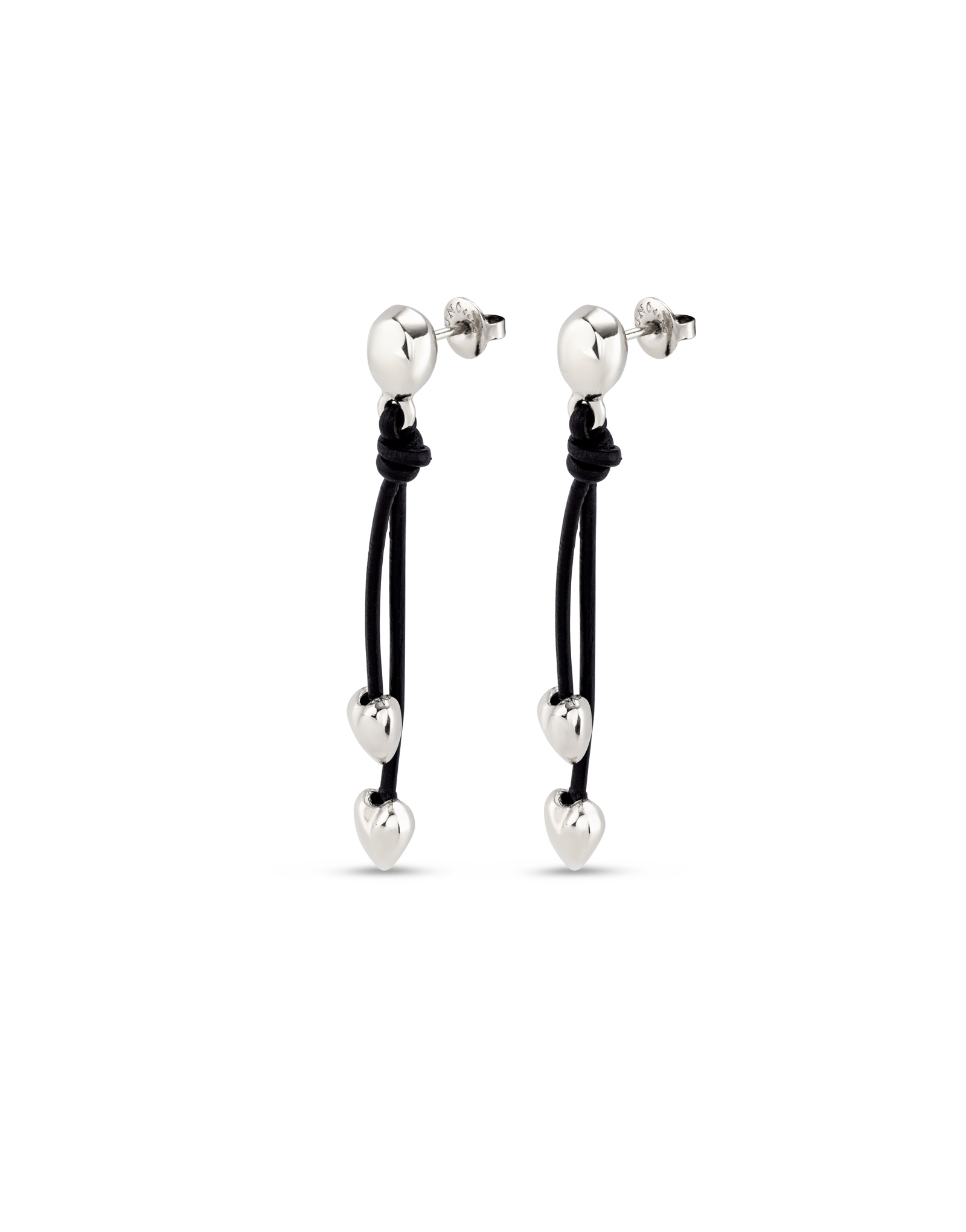 Leather drop earrings with two small hearts, Silver, large thumbnail