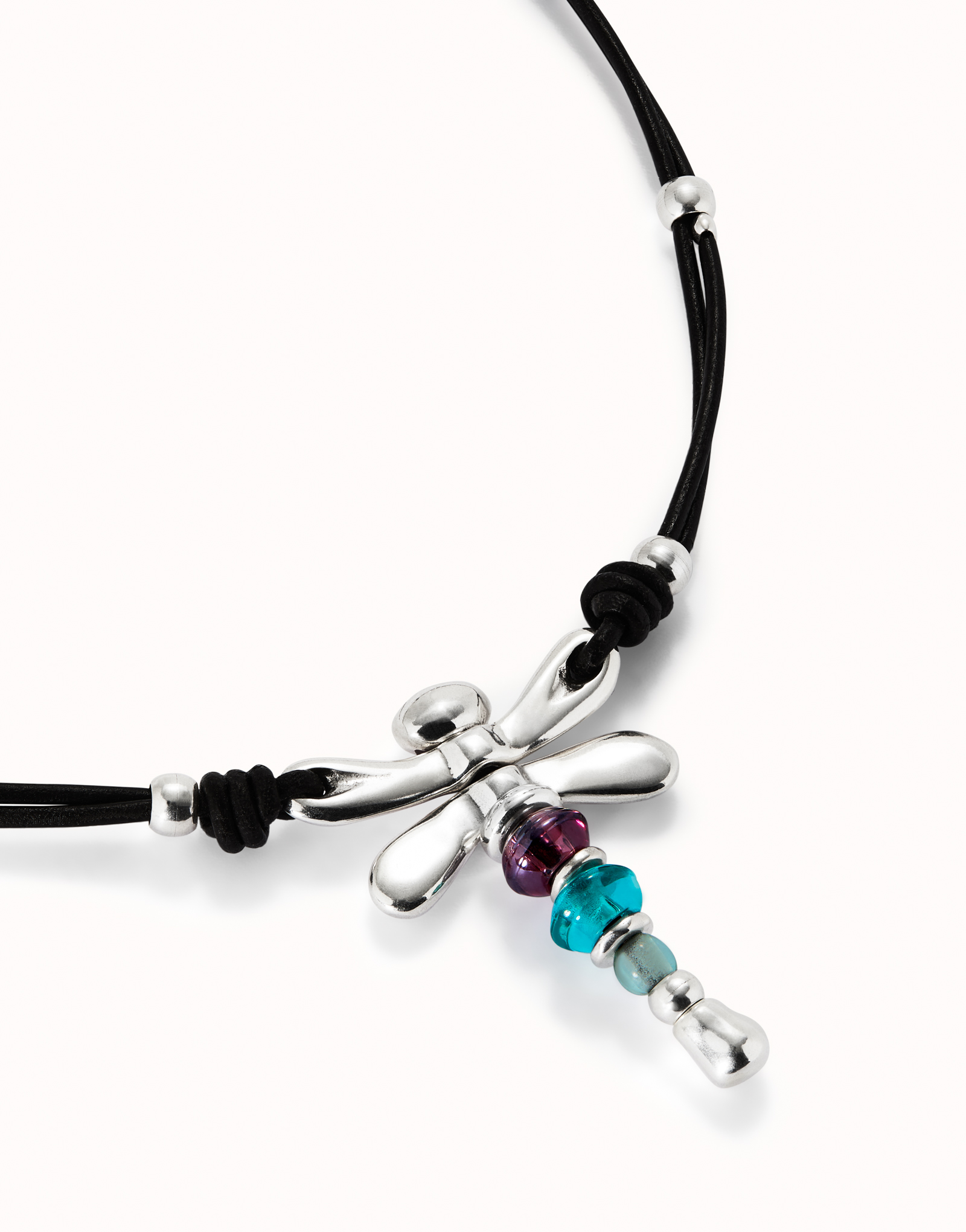 Leather pendant necklace with dragonfly, Silver, large thumbnail