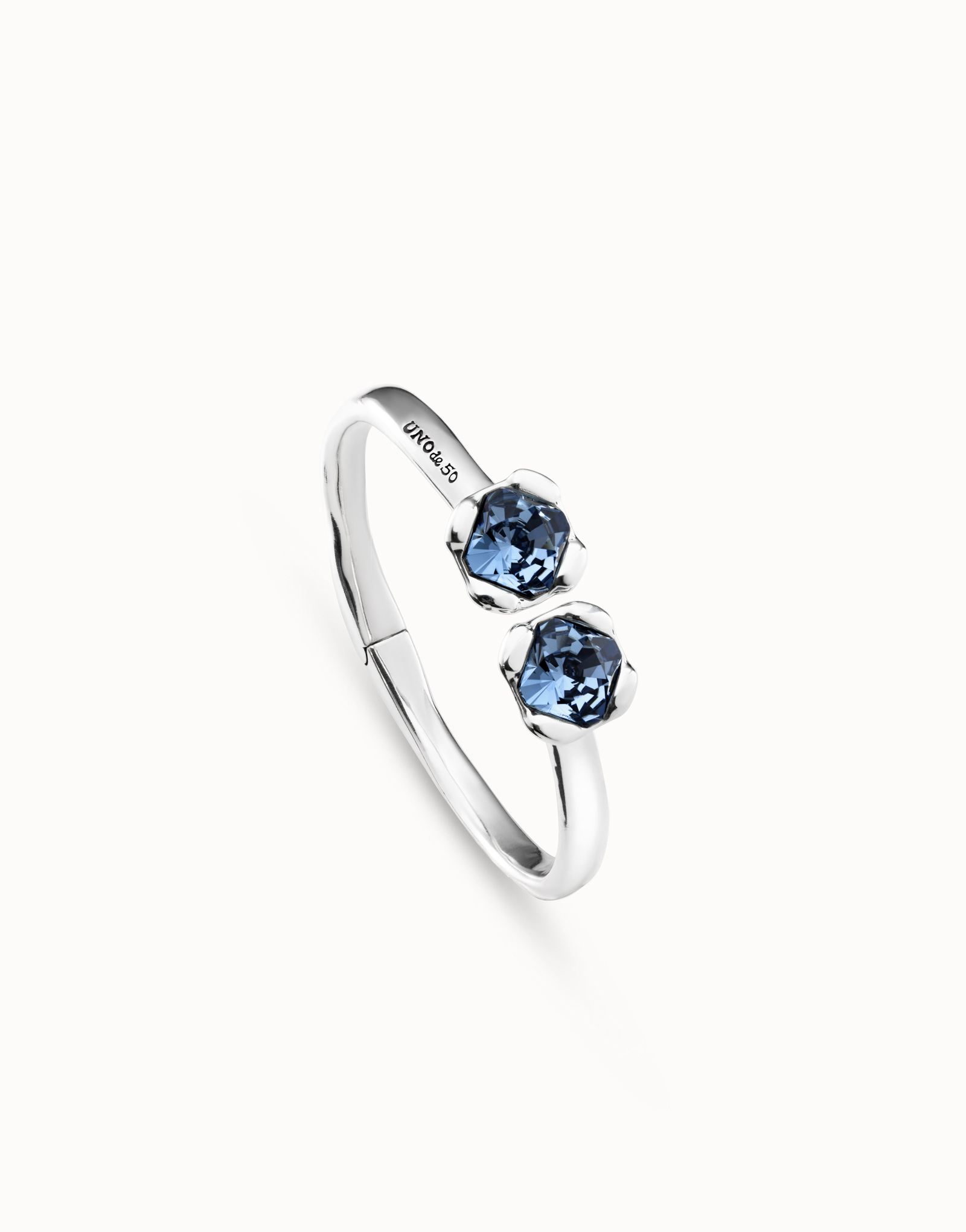 Bangle bracelet with two blue crystals, Silver, large thumbnail