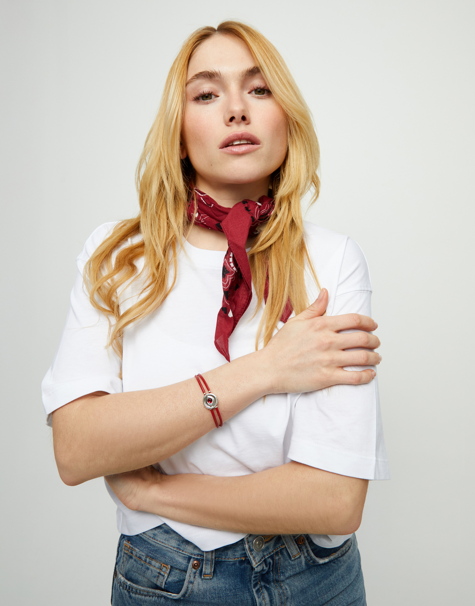 Double red leather birthstone bracelet with eye, Silver, large thumbnail