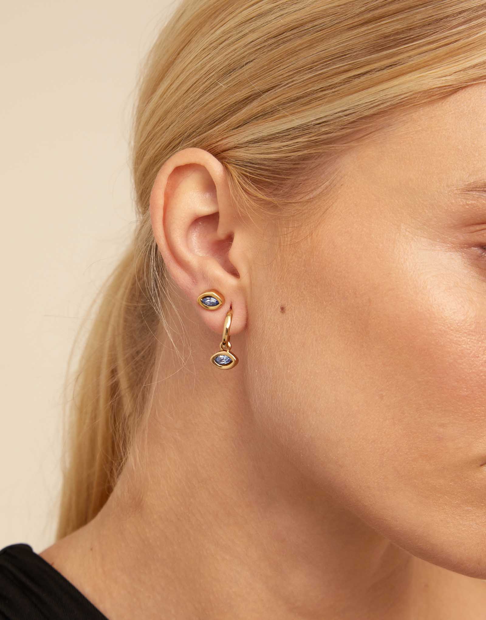 Single Stud Earring With Blue Stone, Golden, large thumbnail