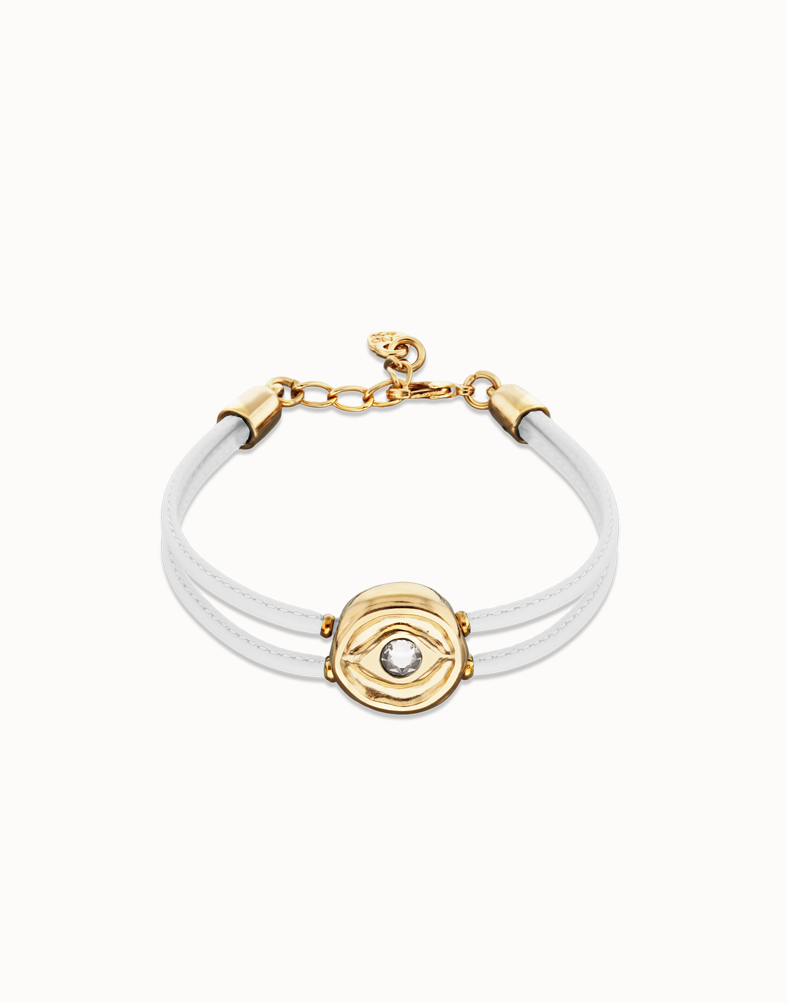 Double white leather birthstone bracelet with eye, Golden, large thumbnail