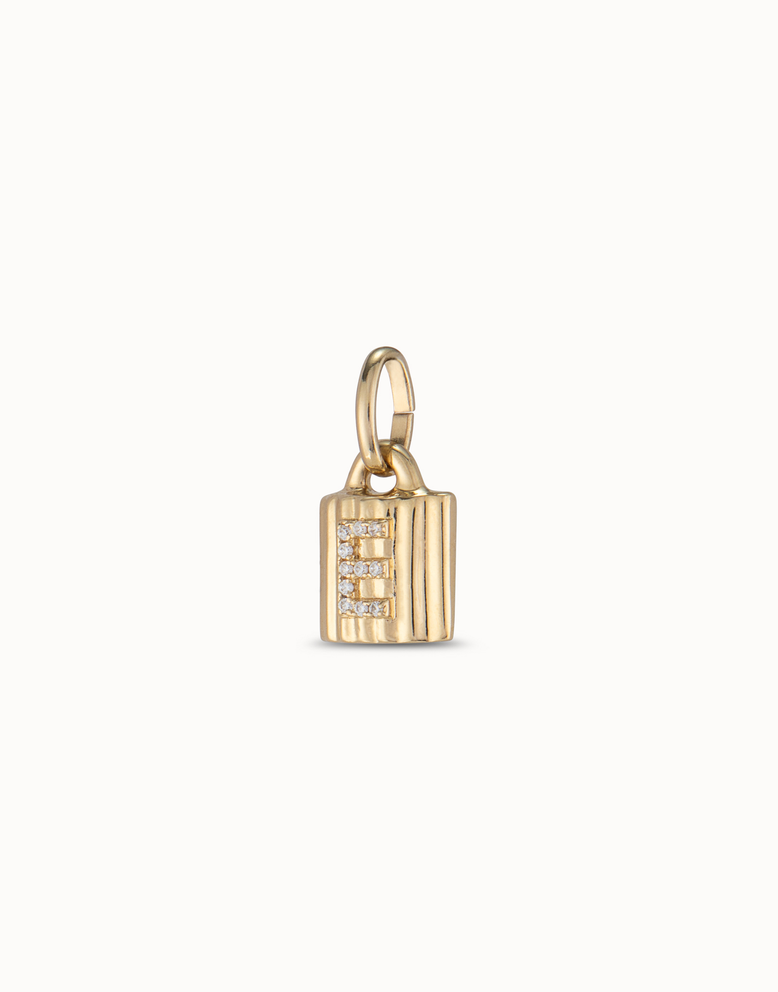 18K gold-plated padlock charm with topaz letter E, Golden, large thumbnail