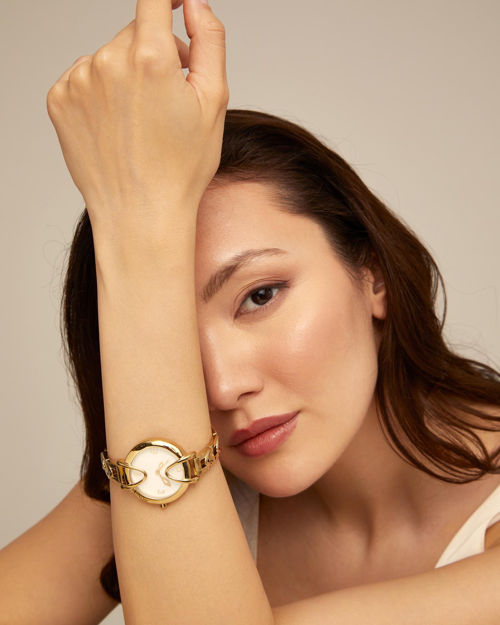 18K gold-plated watch with metal strap and round white dial, Golden, large thumbnail