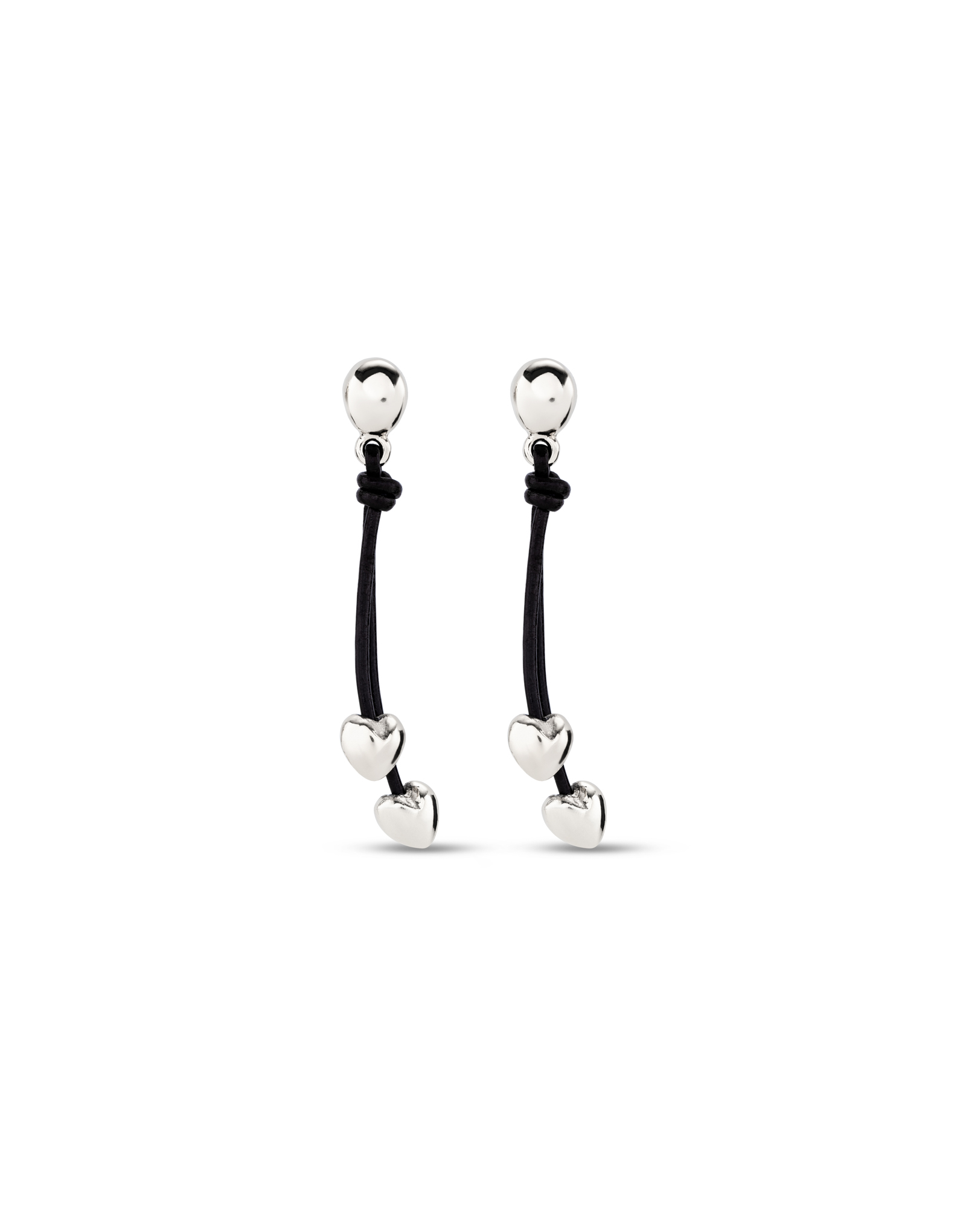 Leather drop earrings with two small hearts, Silver, large thumbnail