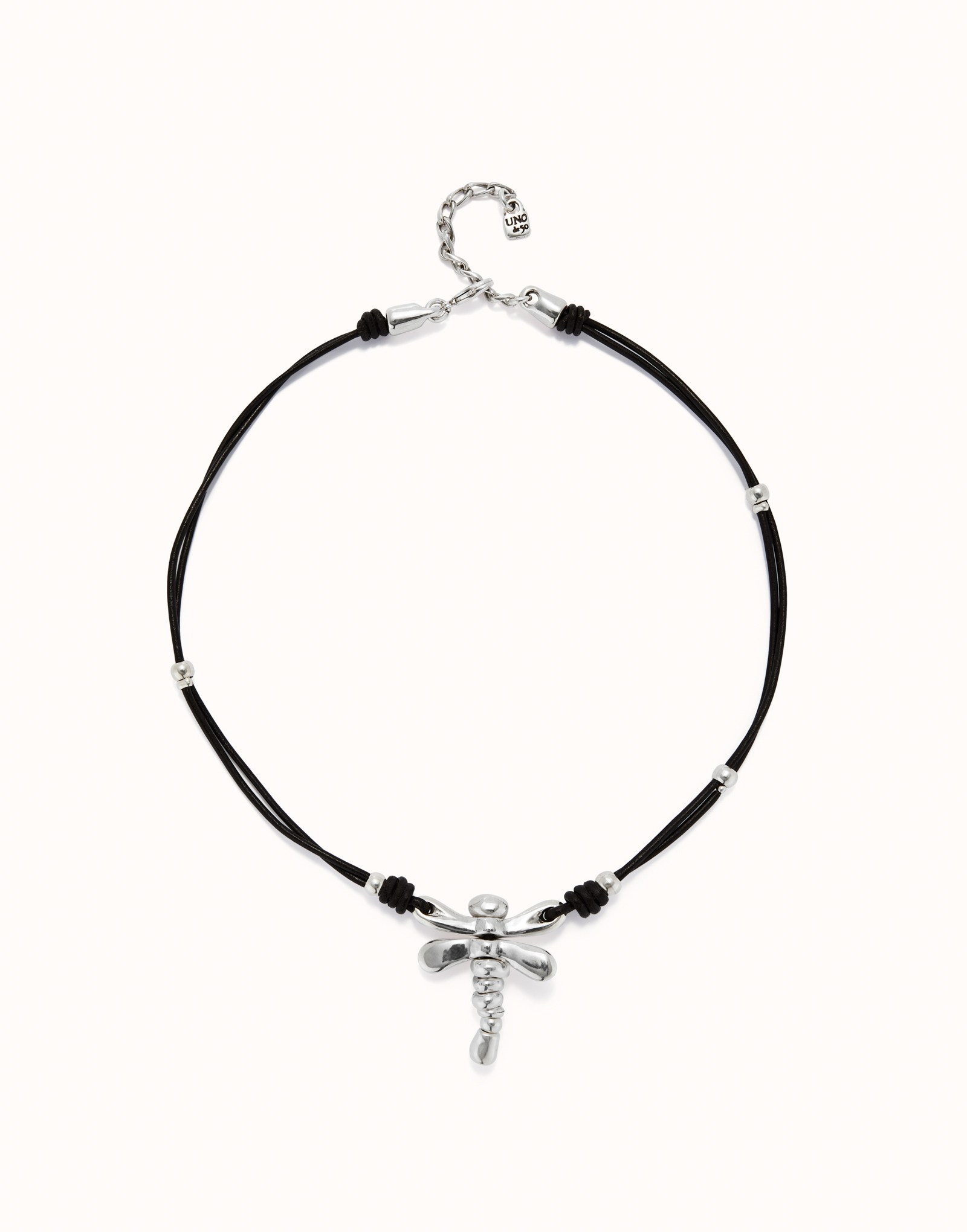 Leather pendant necklace with dragonfly, Silver, large thumbnail