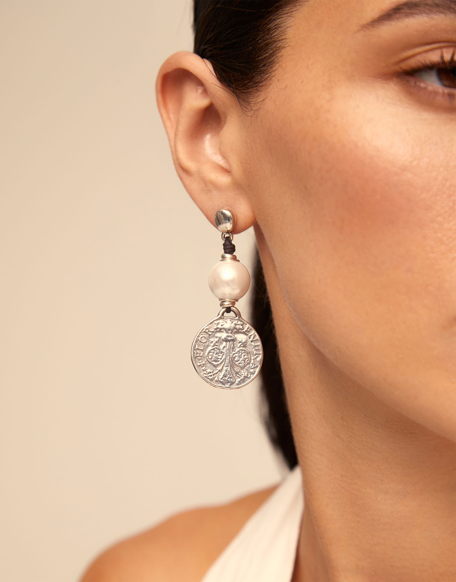 Drop earrings with pearl, Silver, large thumbnail