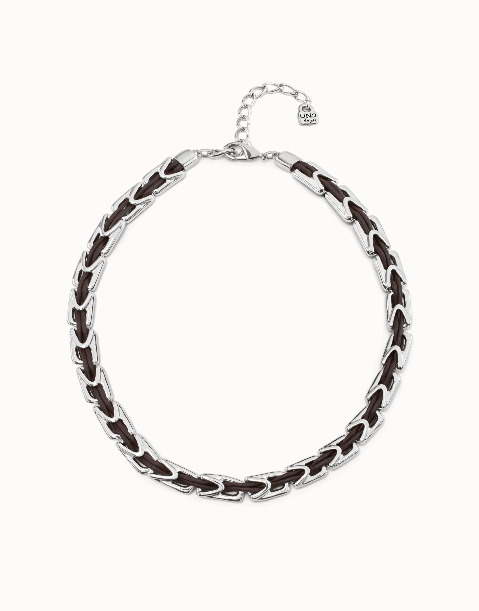 Short leather necklace with links, Silver, large thumbnail
