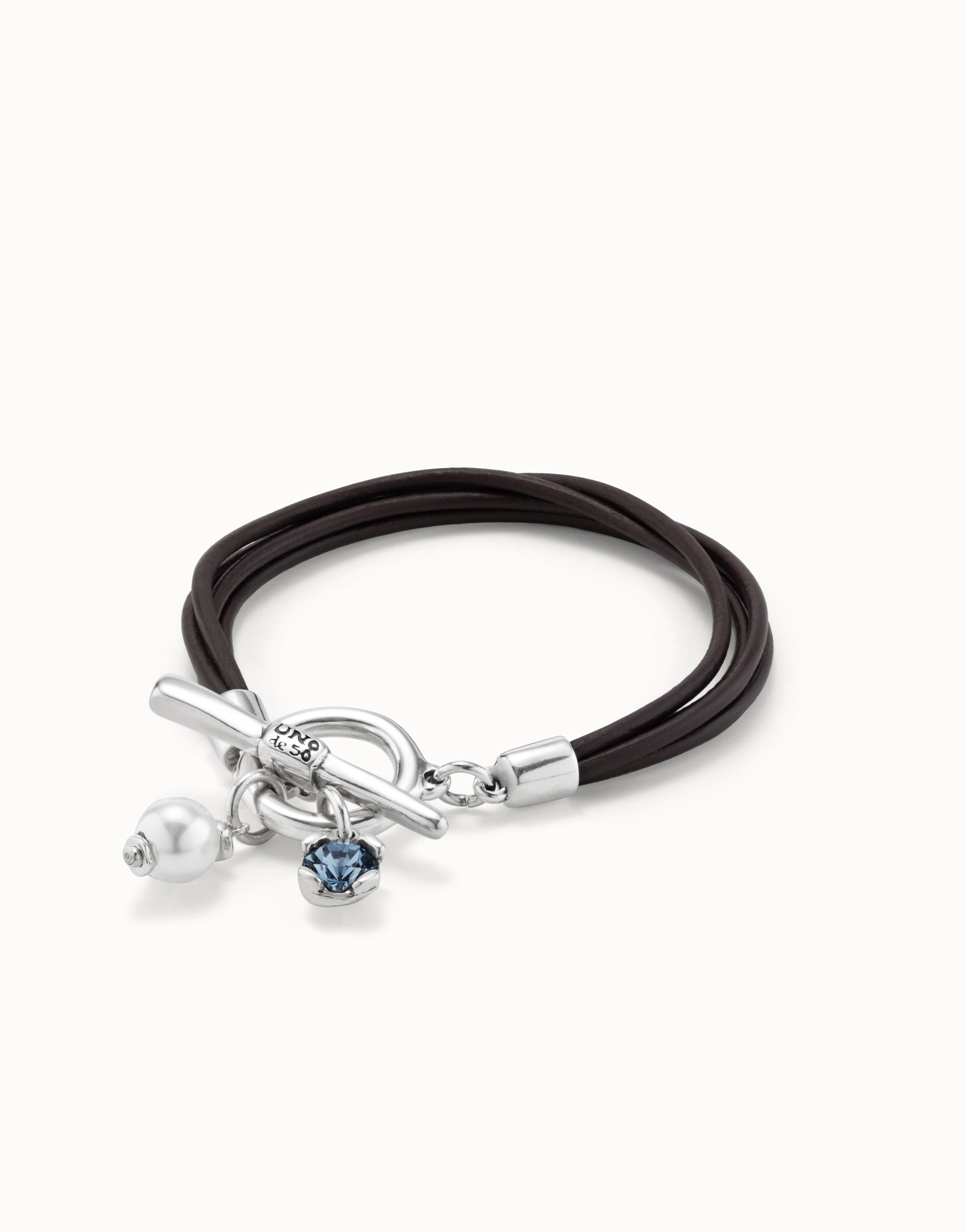 Leather bracelet with a crystal and a pearl, Silver, large thumbnail