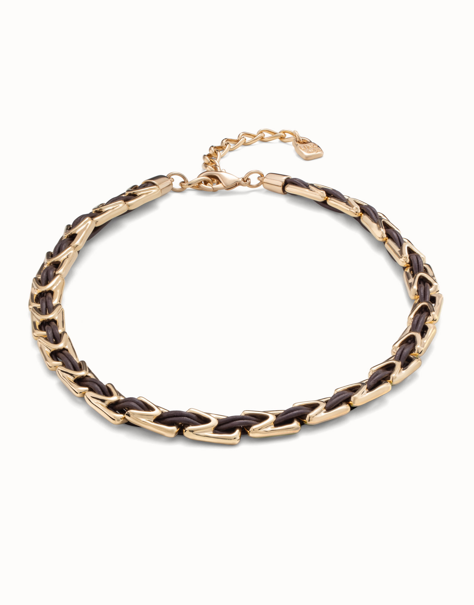 Short leather necklace with links, Golden, large thumbnail