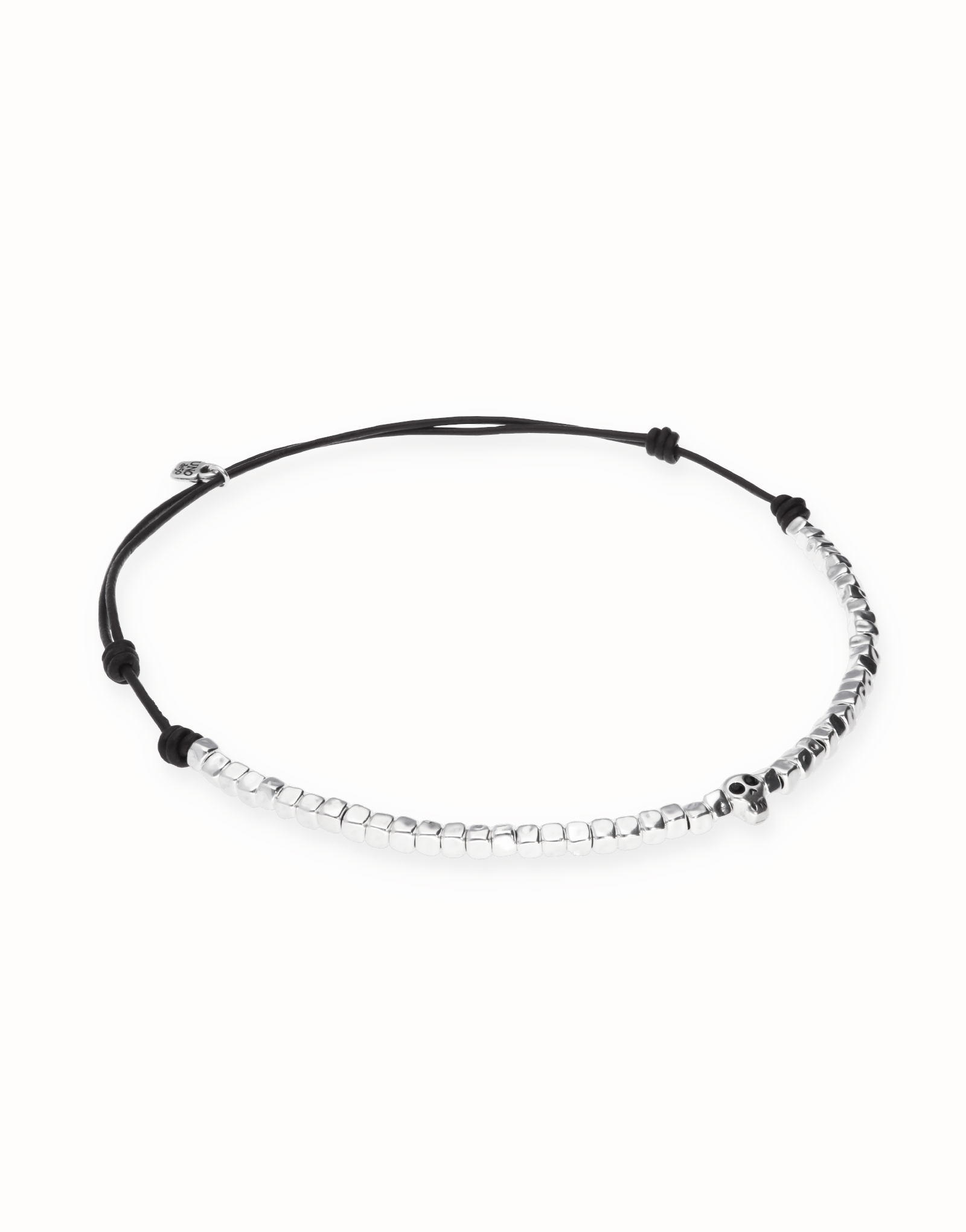 Leather necklace with beads and skull detail, Silver, large thumbnail
