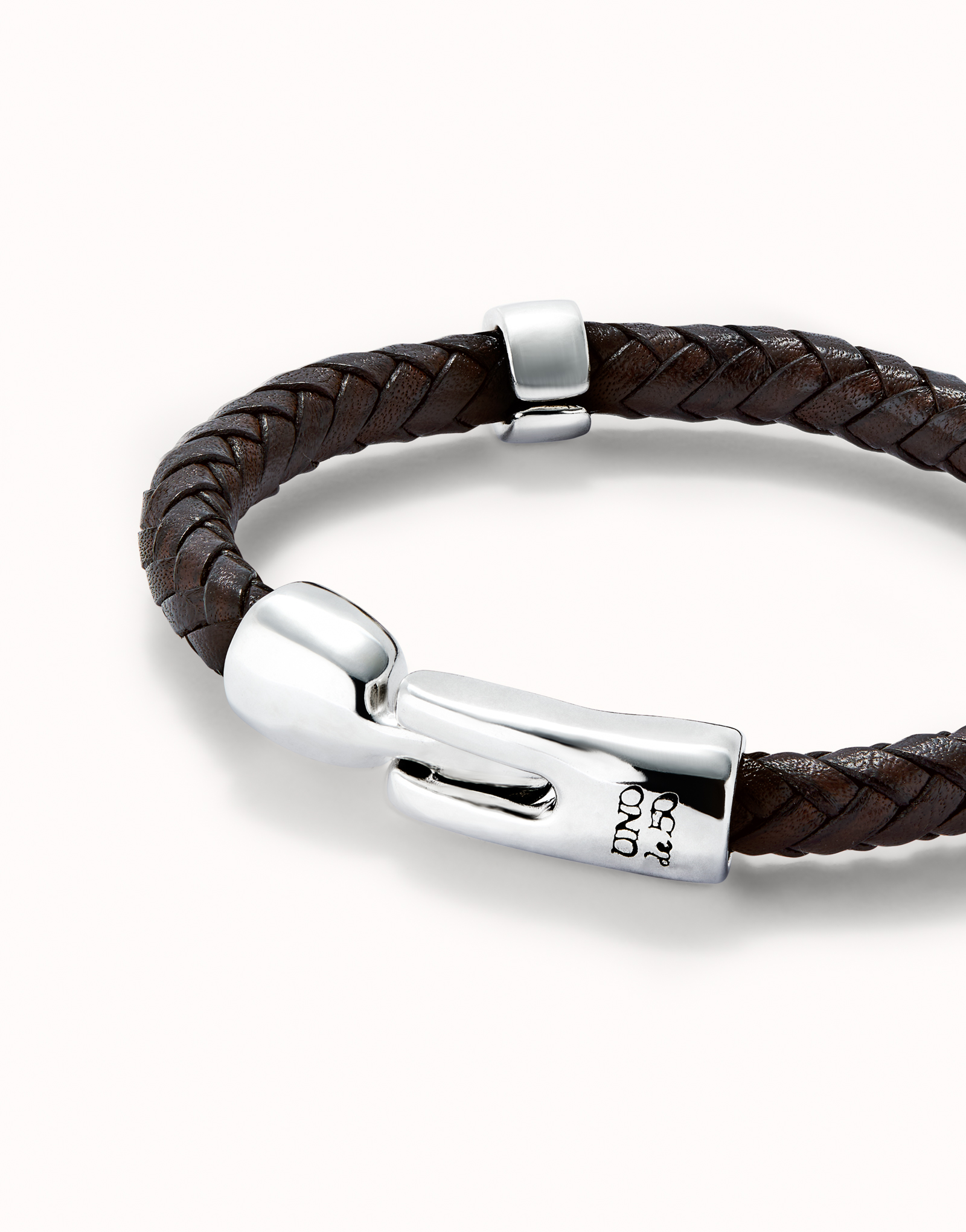 Braided leather bracelet with 2 sterling silver-plated circles, Silver, large thumbnail