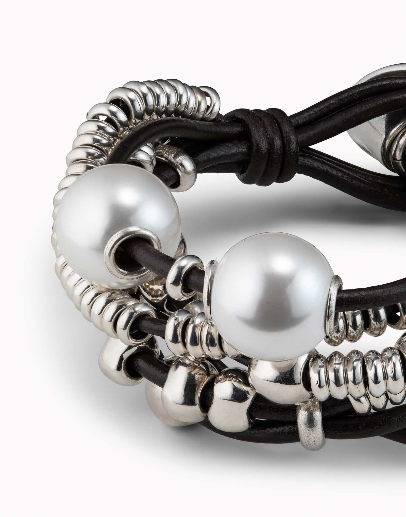 Leather beaed bracelet with pearls, Silver, large thumbnail