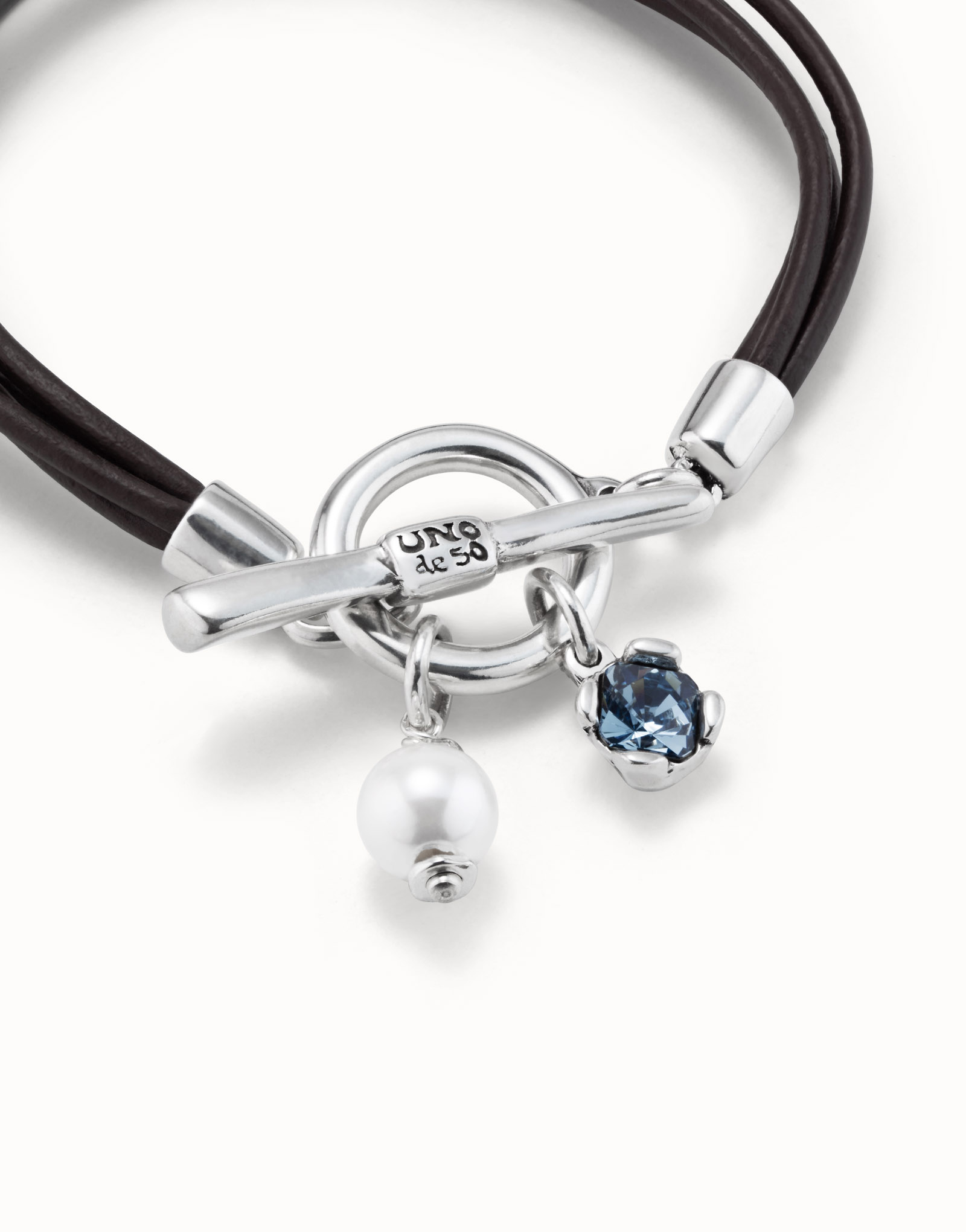 Leather bracelet with a crystal and a pearl, Silver, large thumbnail
