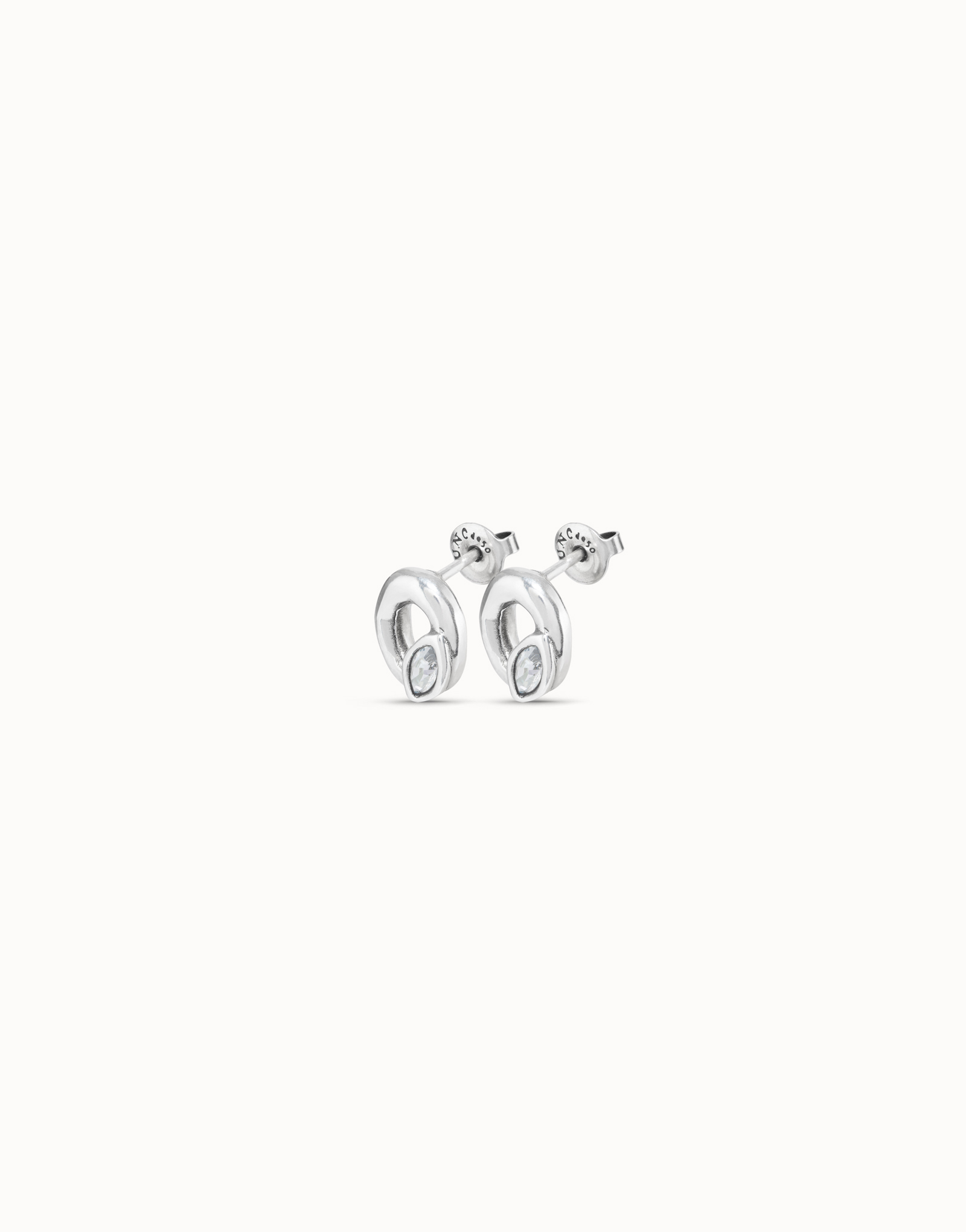 Stud oval earrings with light grey crystal, Silver, large thumbnail