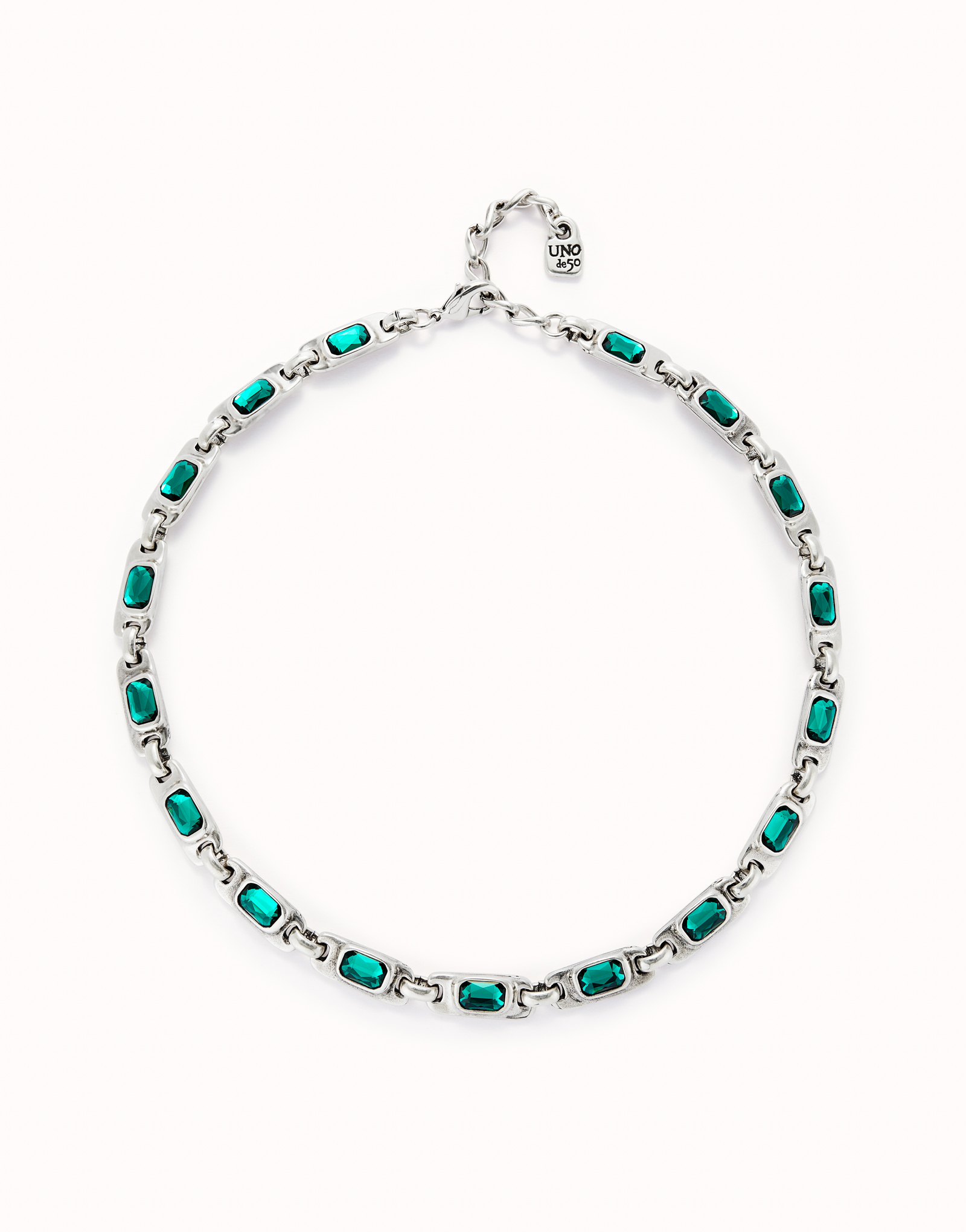 Short necklace with green crystals, Silver, large thumbnail