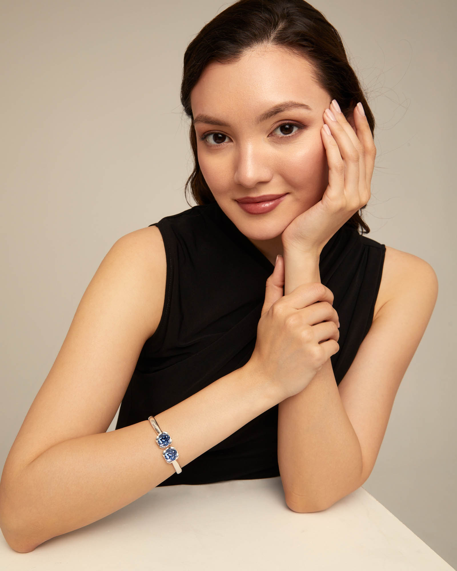 Bangle bracelet with two blue crystals, Silver, large thumbnail
