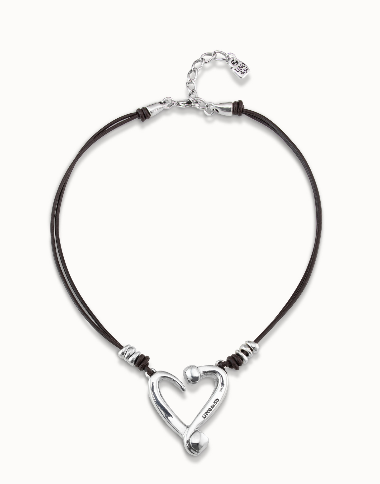 Short leather necklace with a heart, Silver, large thumbnail