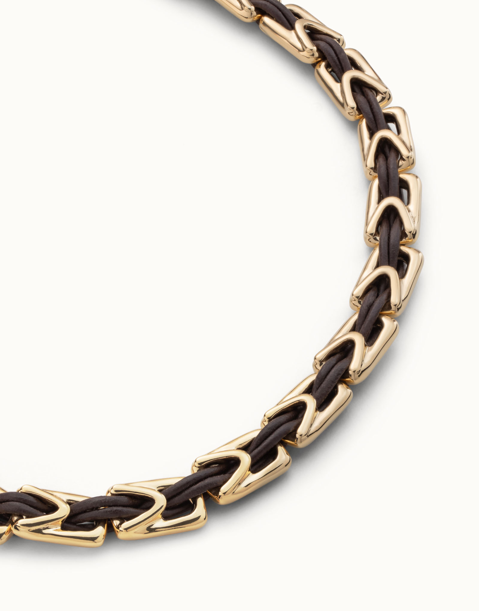 Short leather necklace with links, Golden, large thumbnail