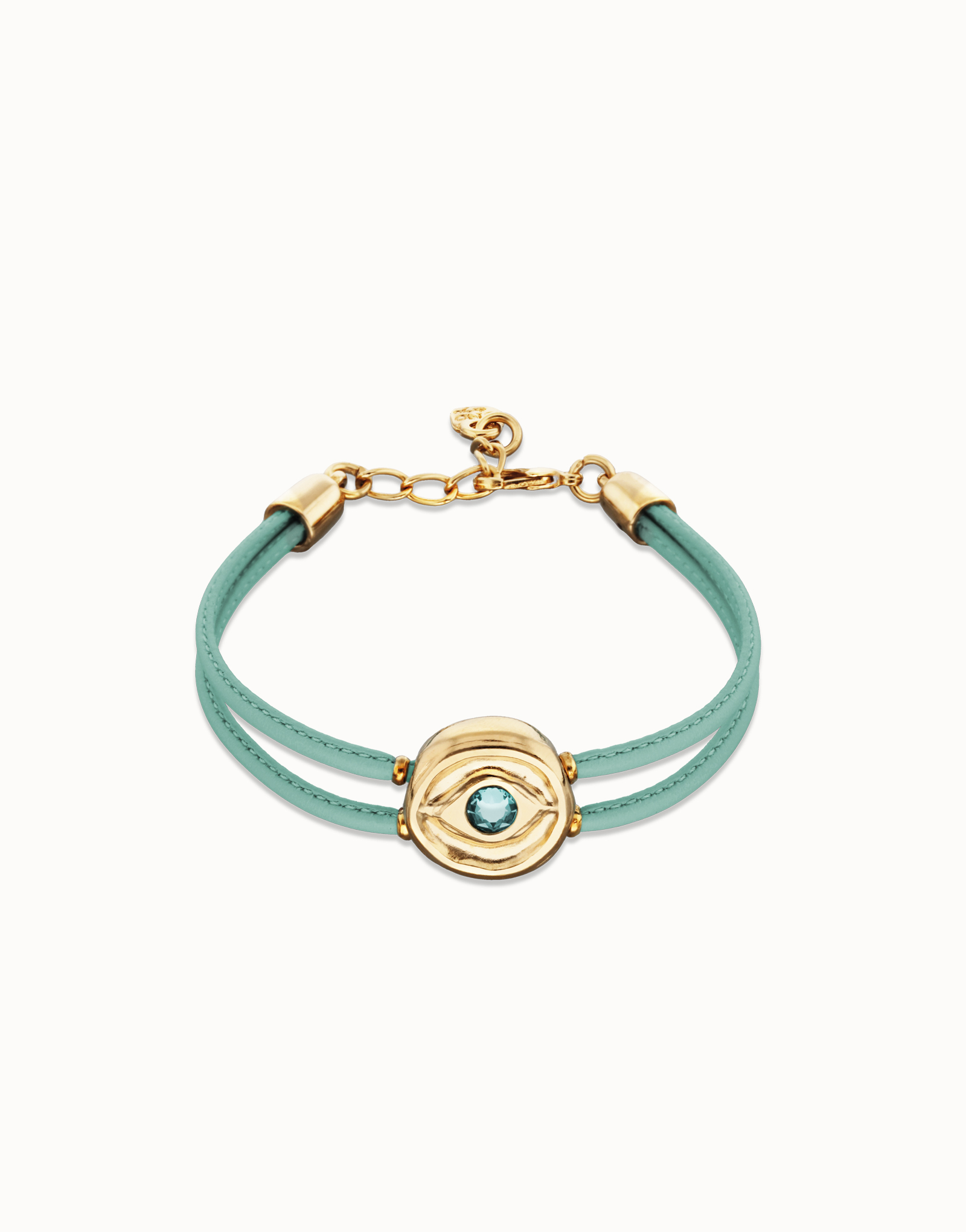 Double turquoise leather birthstone bracelet with eye, Golden, large thumbnail