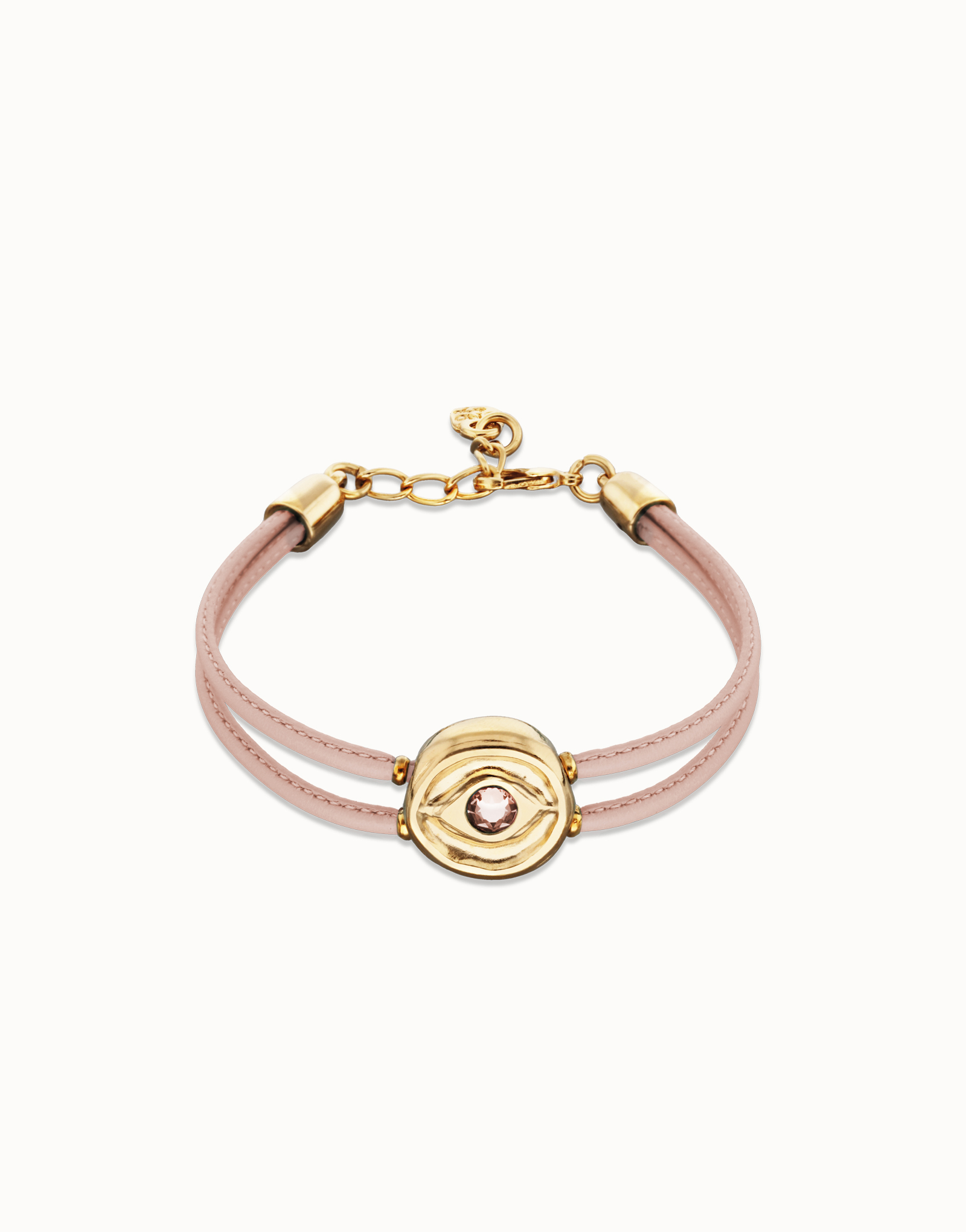 Double pink leather birthstone bracelet with eye, Golden, large thumbnail