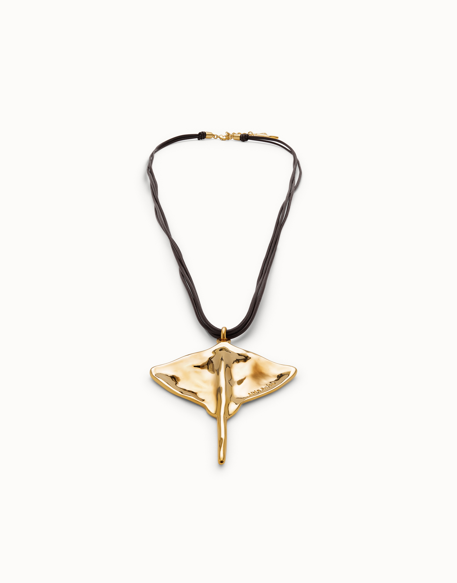 Long leather necklace pendant with manta ray, Golden, large thumbnail
