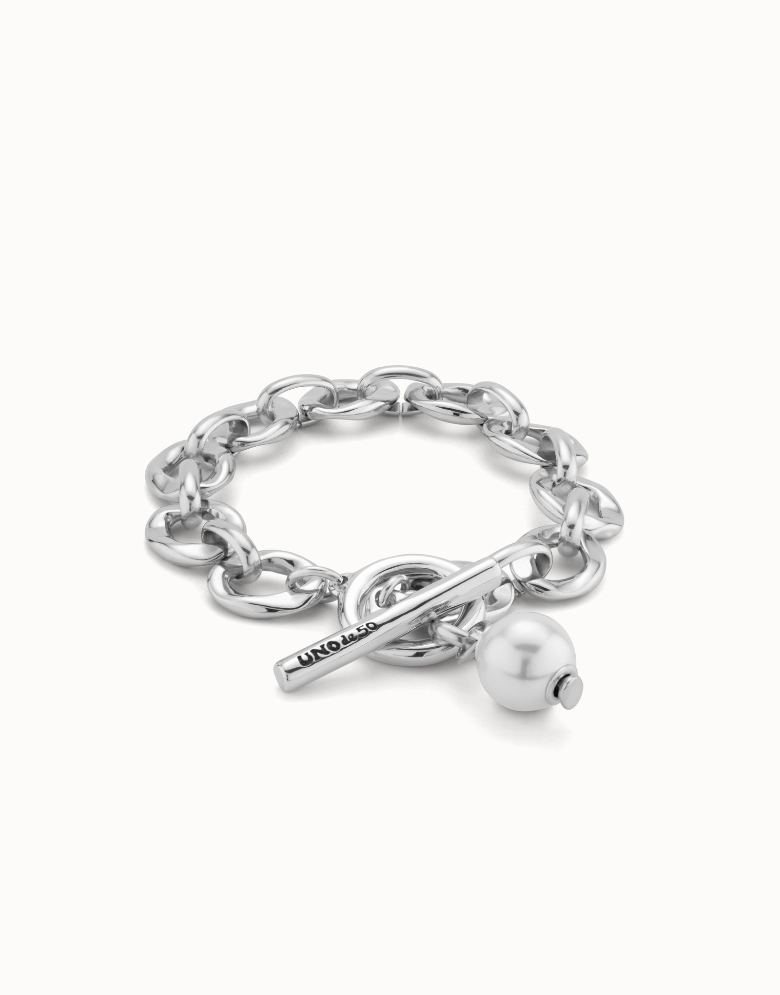 Large link chain bracelet with a pearl, Silver, large thumbnail