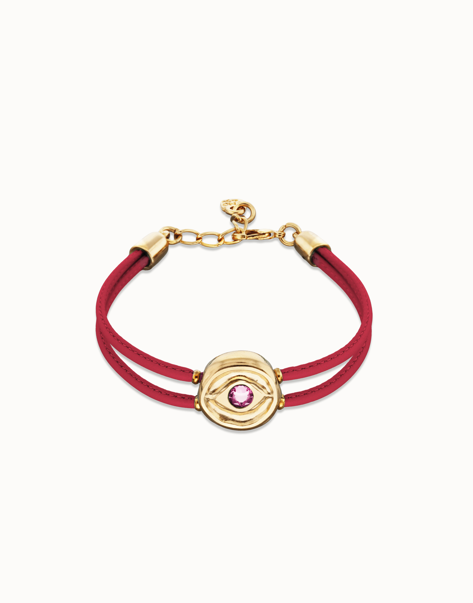 Double pink leather birthstone bracelet with eye, Golden, large thumbnail