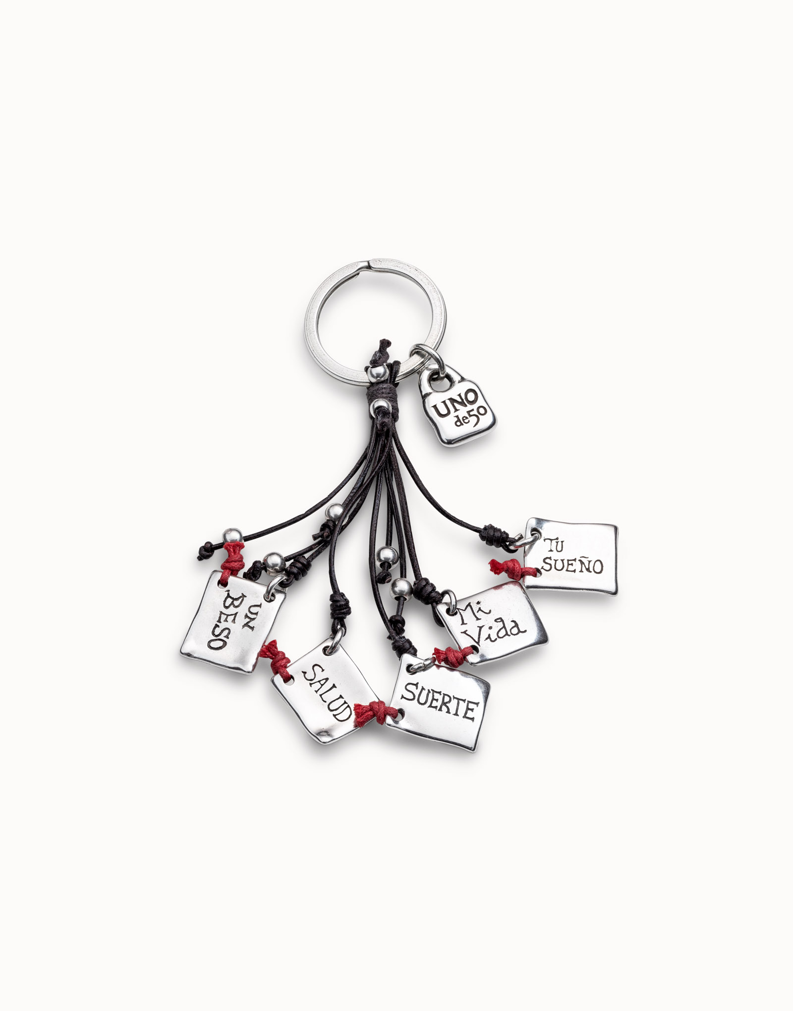 Sterling silver-plated message key-ring with leather details, Silver, large thumbnail