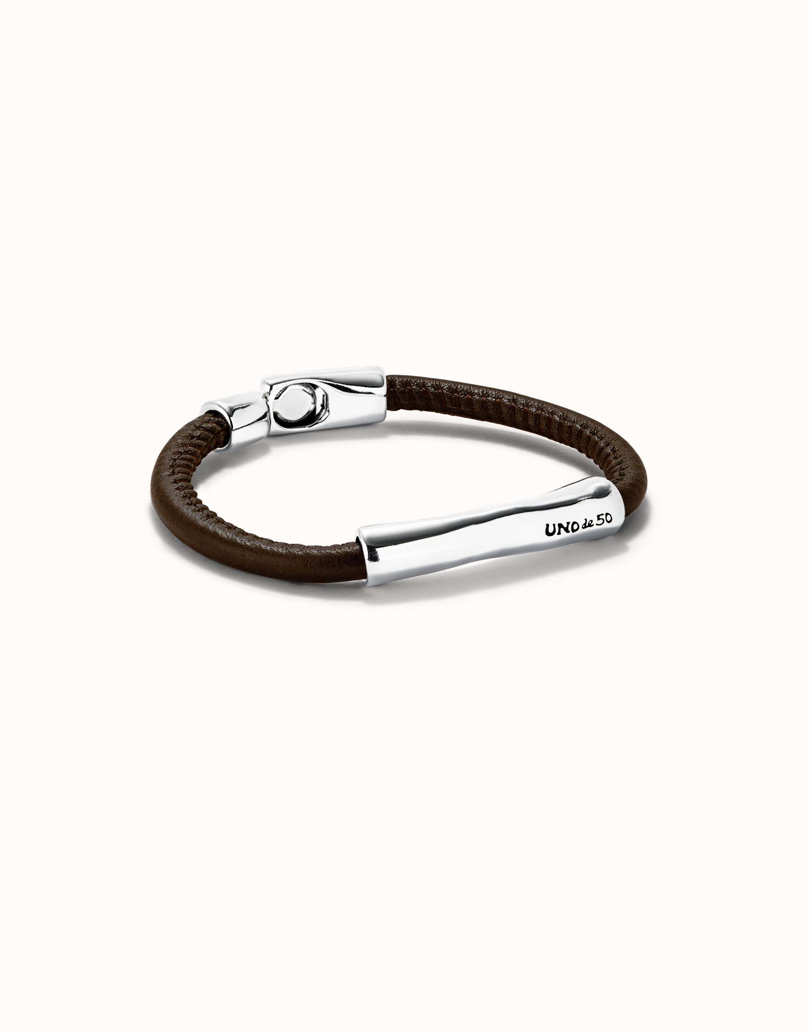 Brown leather bracelet with sterling silver-plated central detail, Silver, large thumbnail