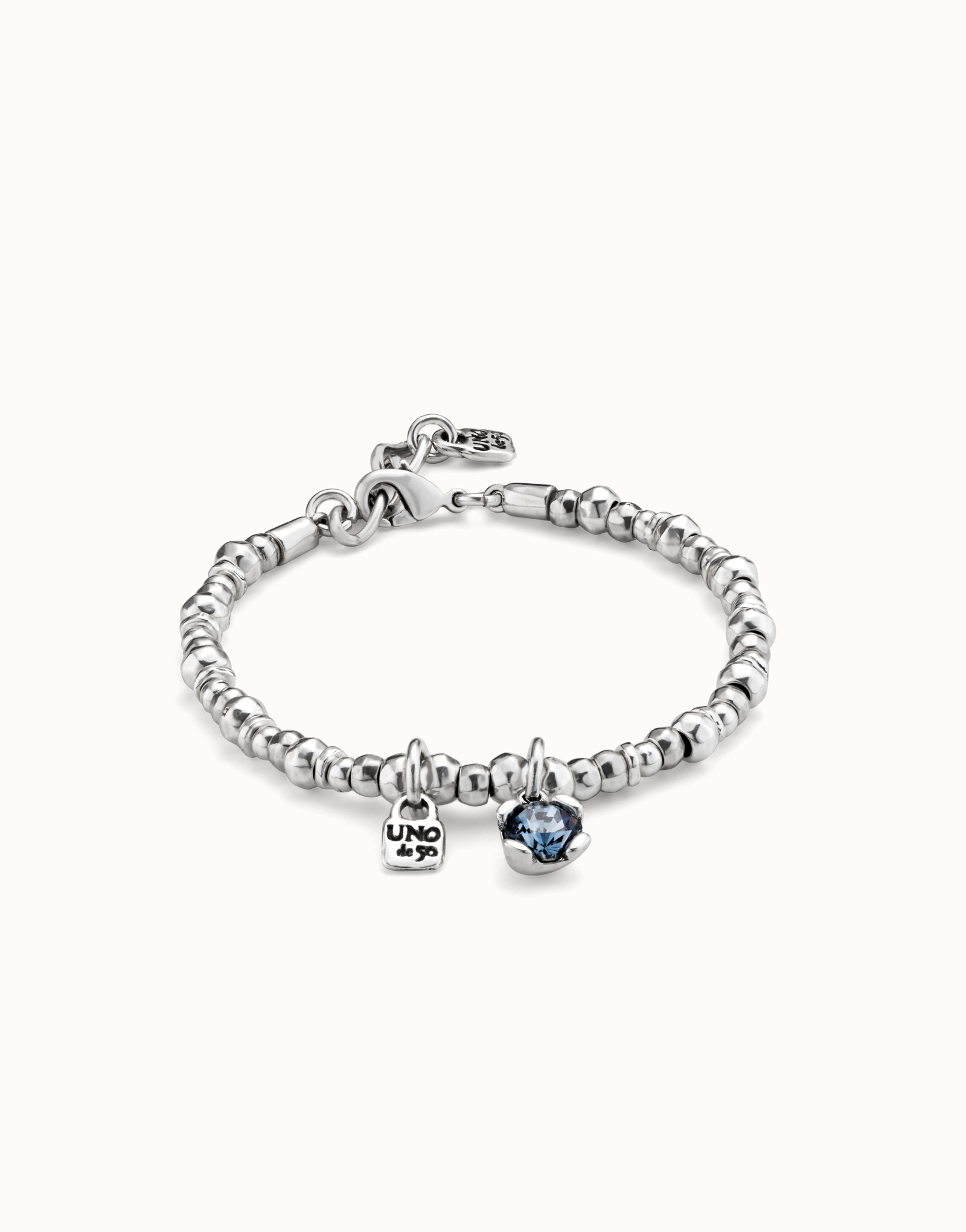 Beaded stretch bracelet with blue crystal, Silver, large thumbnail