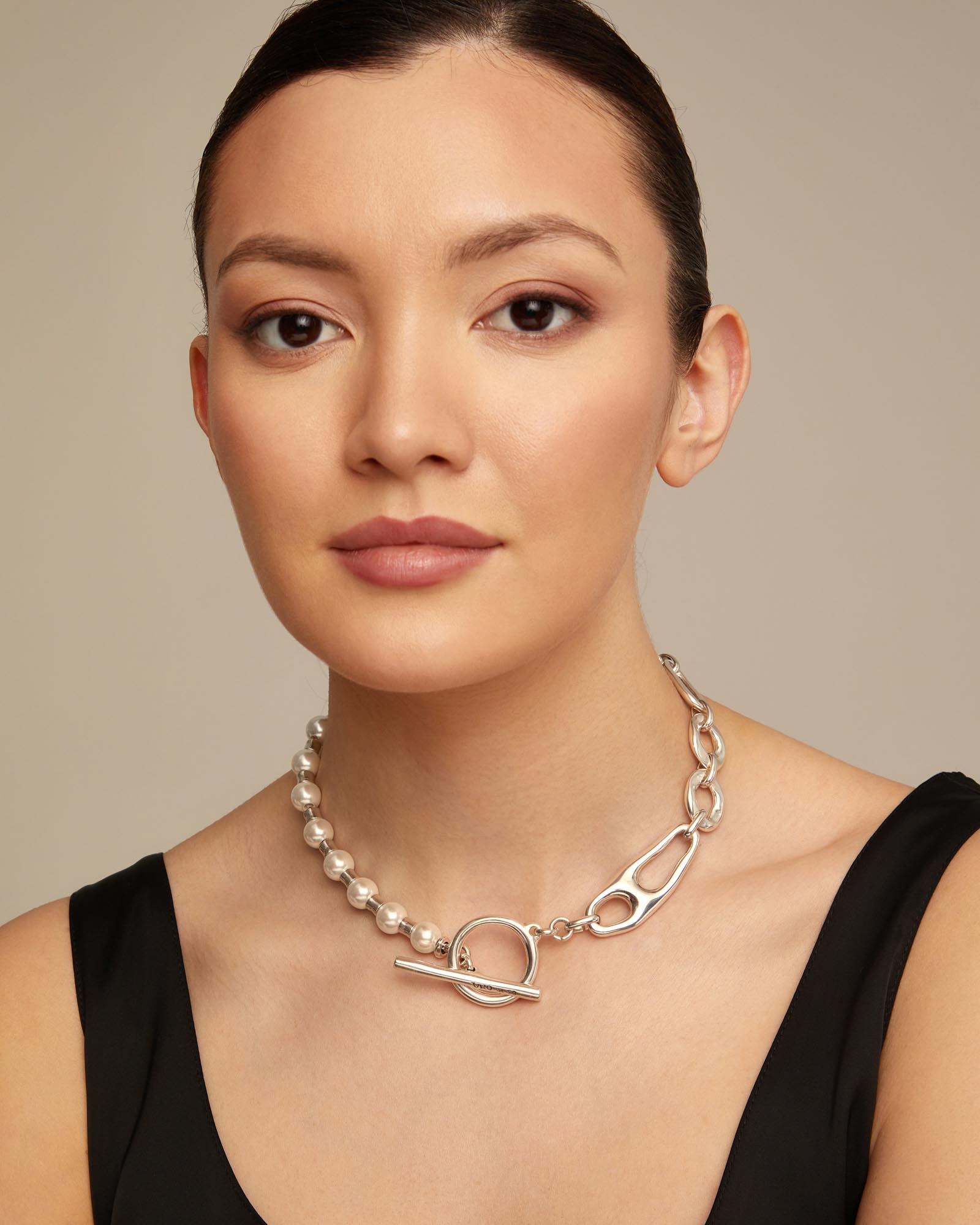 Short link chain necklace with pearls, Silver, large thumbnail