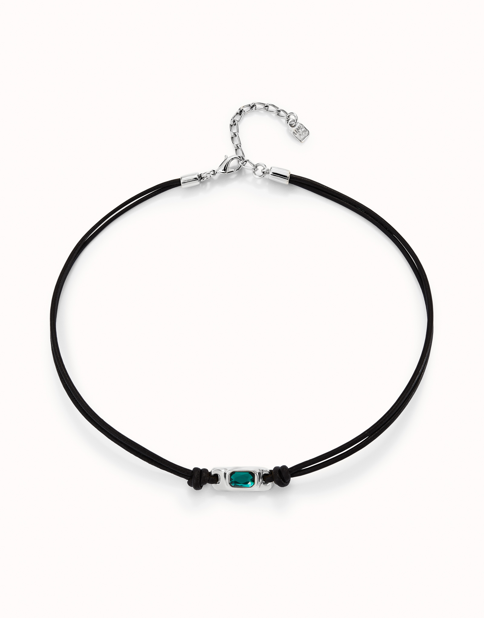 Leather necklace with green crystal, Silver, large thumbnail
