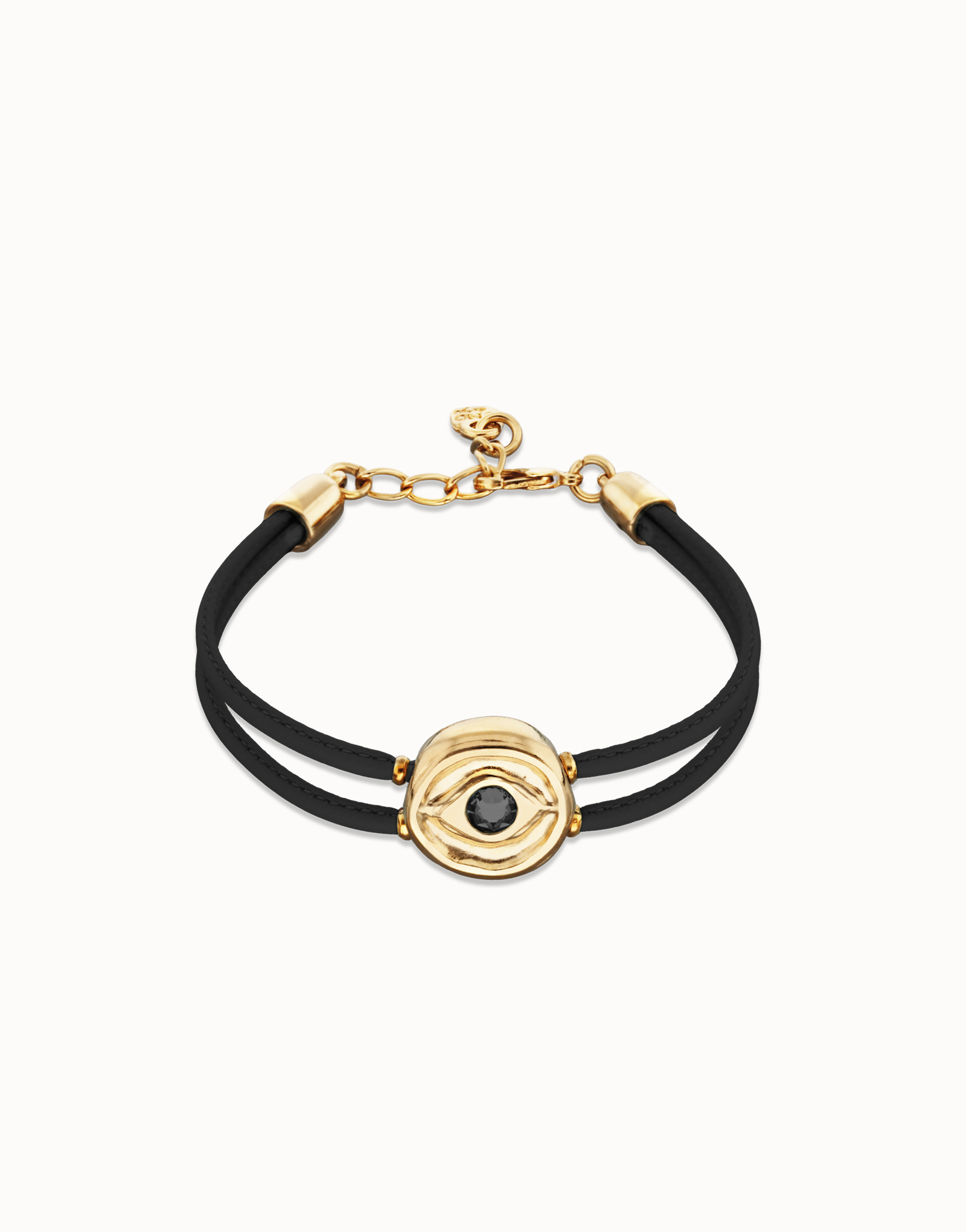 Double black leather birthstone bracelet with eye, Golden, large thumbnail