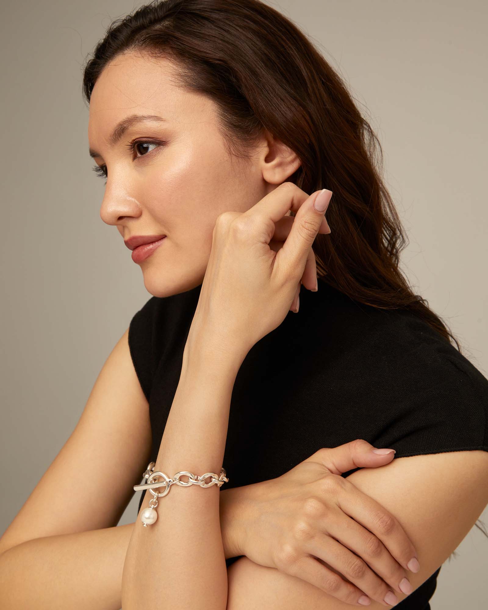 Large link chain bracelet with a pearl, Silver, large thumbnail