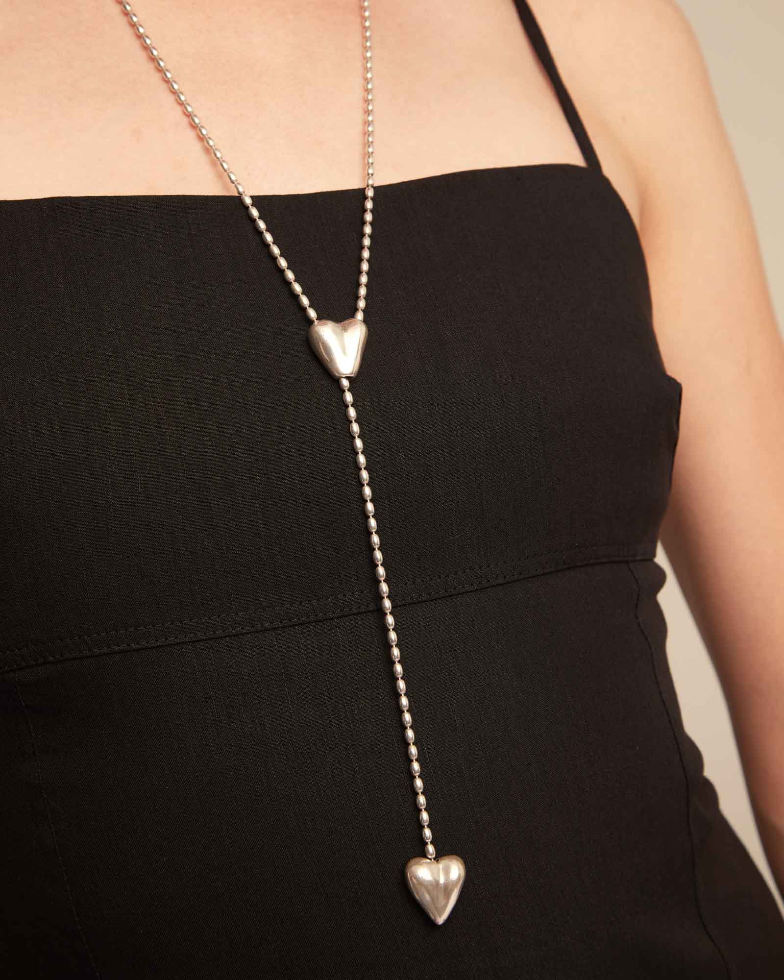 Long adjustable chain necklace with two hearts, Silver, large thumbnail