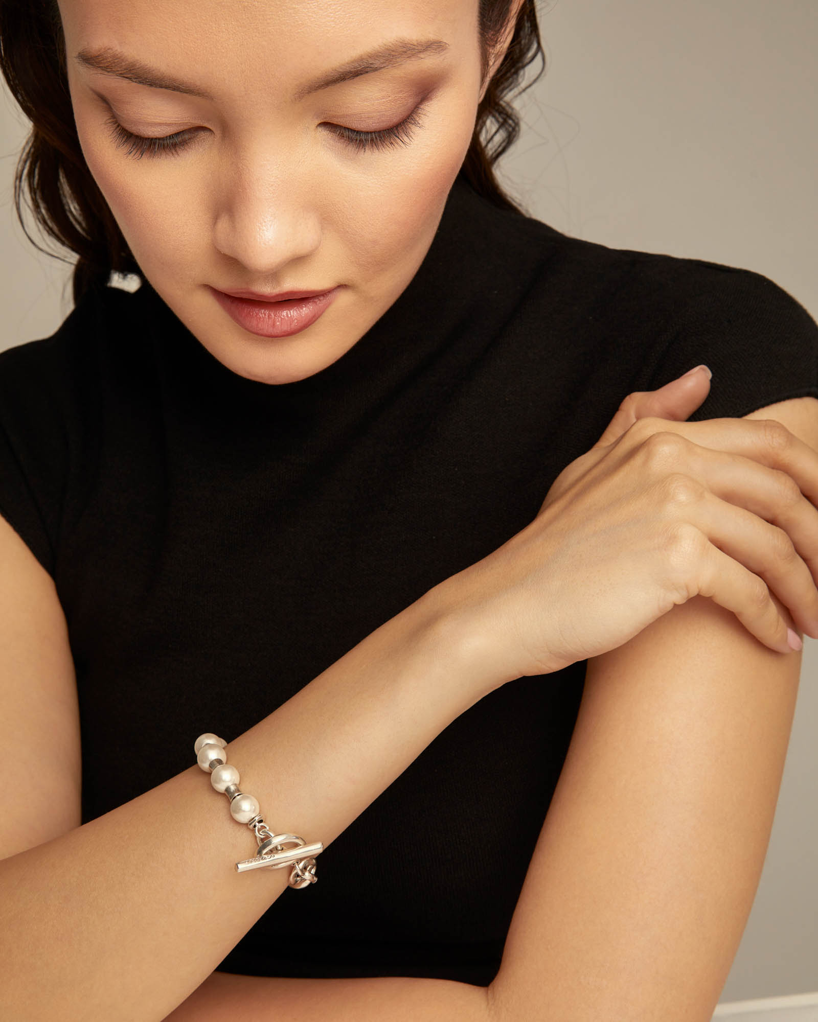 Link chain bracelet with pearls, Silver, large thumbnail