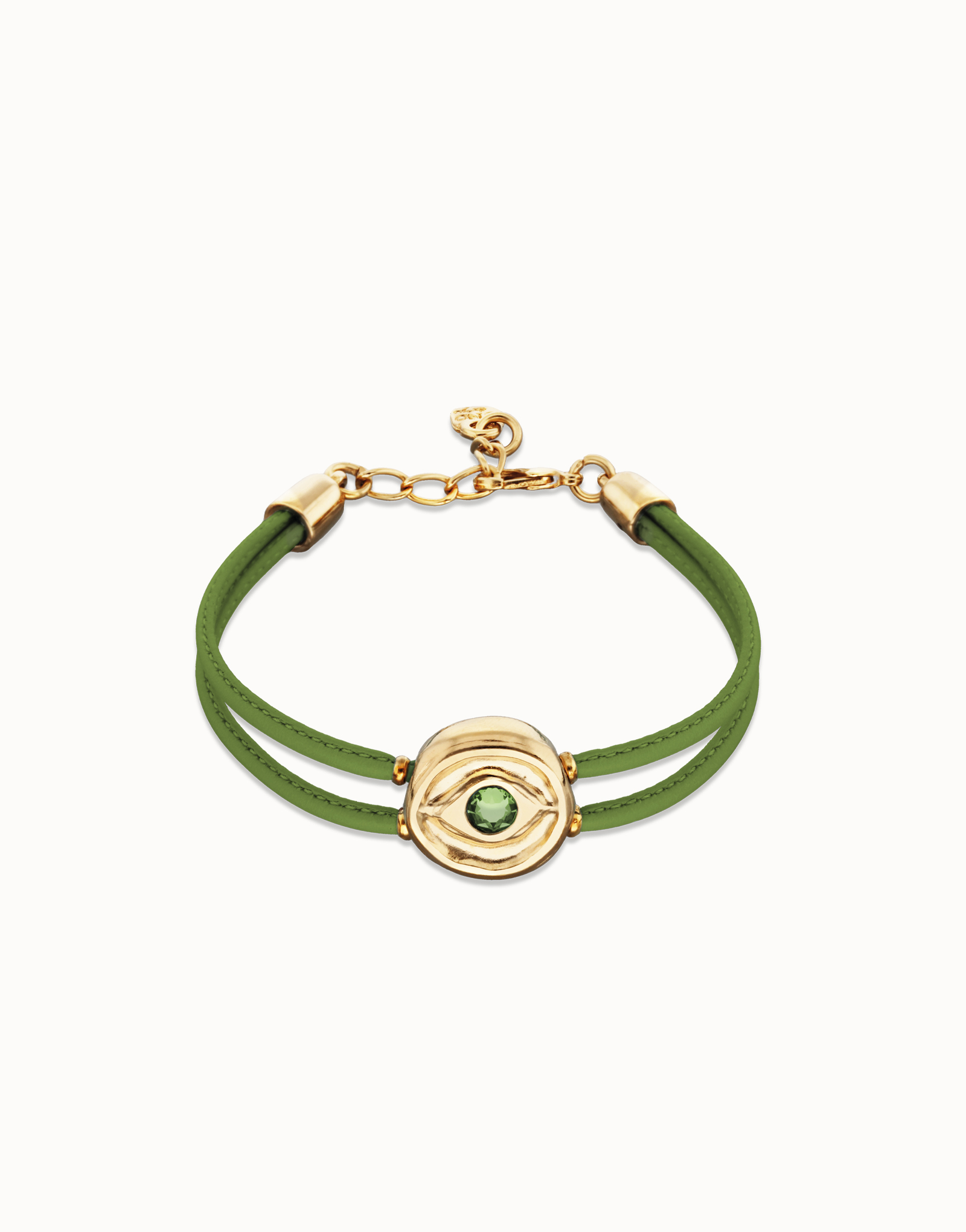 Double green leather birthstone bracelet with eye, Golden, large thumbnail