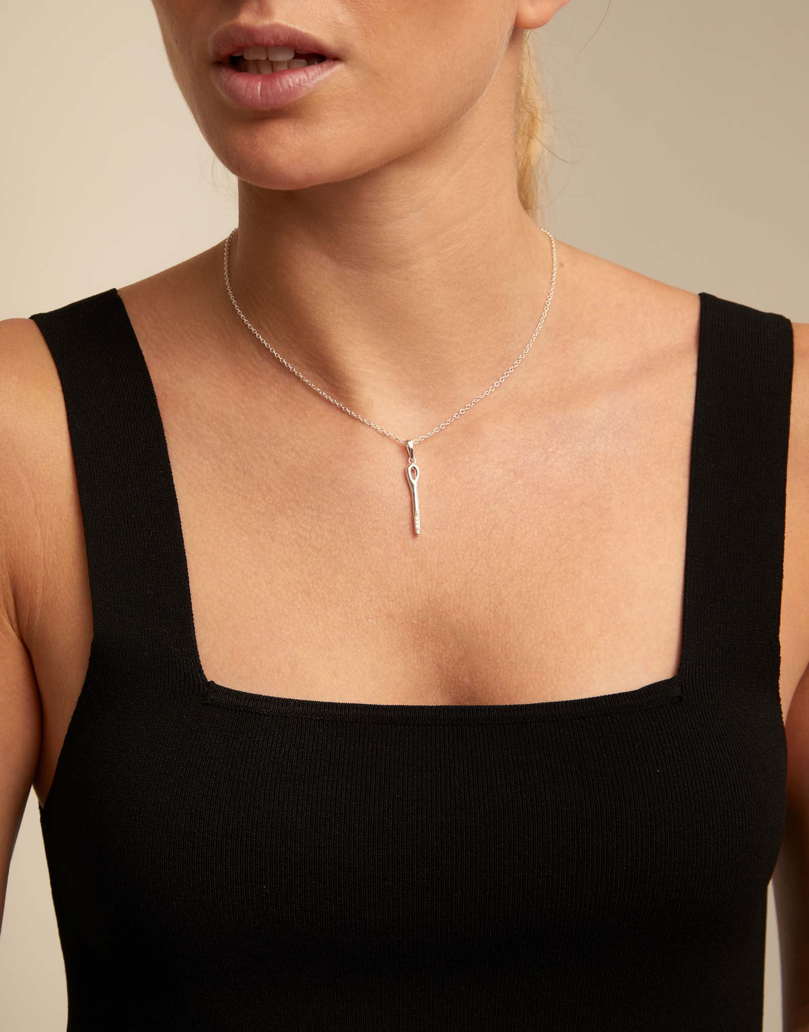 Long chain pendant necklace  with needle, Silver, large thumbnail