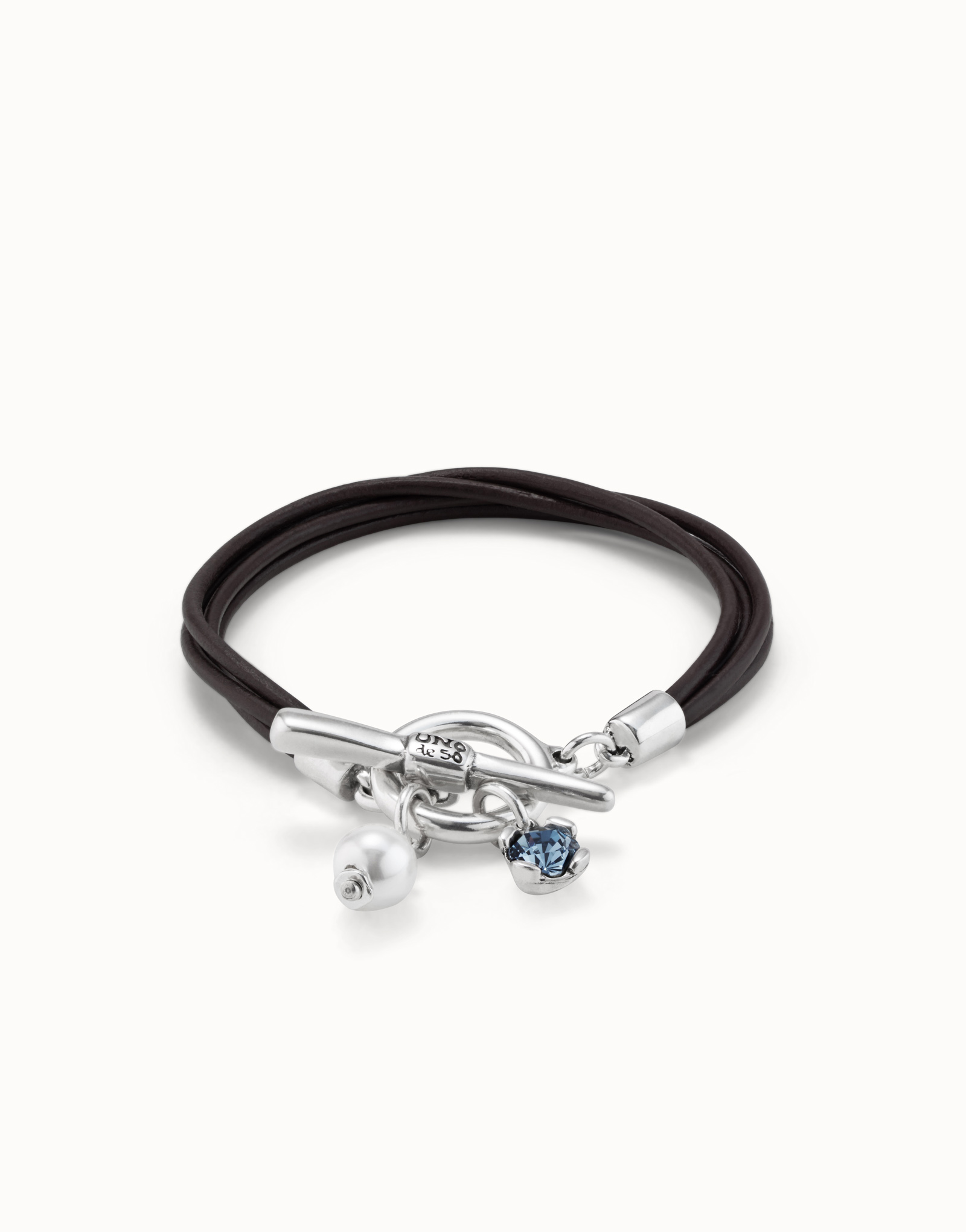 Leather bracelet with a crystal and a pearl, Silver, large thumbnail
