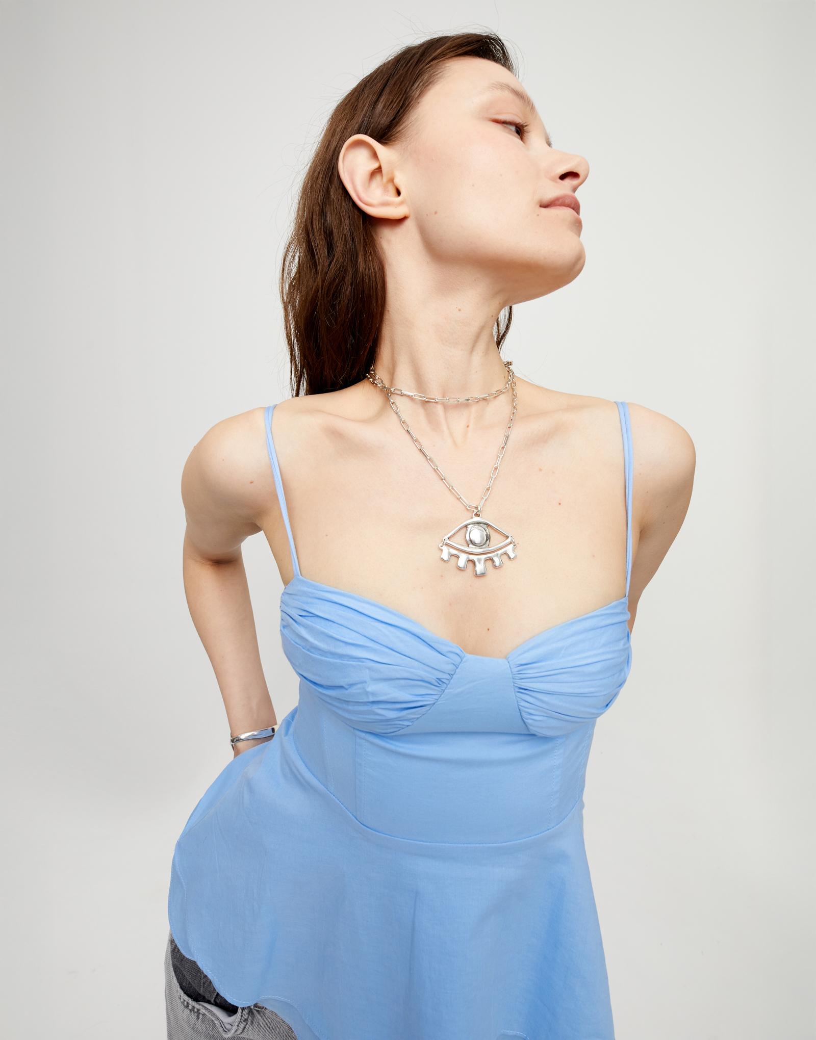 Long pendant chain necklace with central eye, Silver, large thumbnail