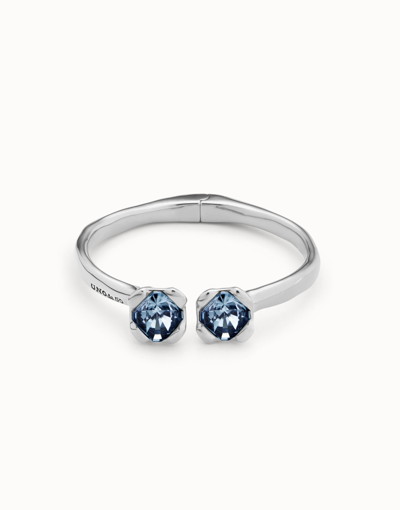 Bangle bracelet with two blue crystals, Silver, large thumbnail