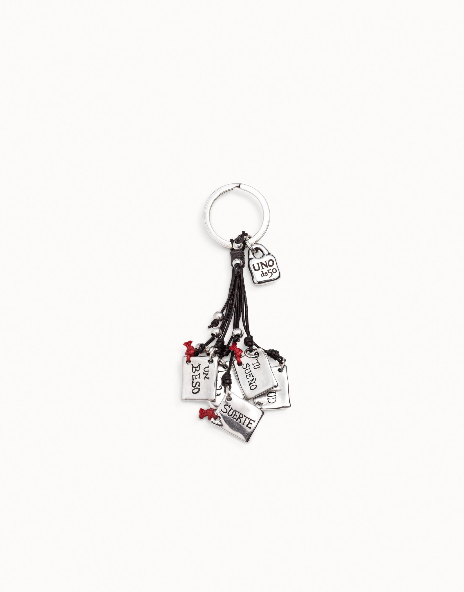 Sterling silver-plated message key-ring with leather details, Silver, large thumbnail