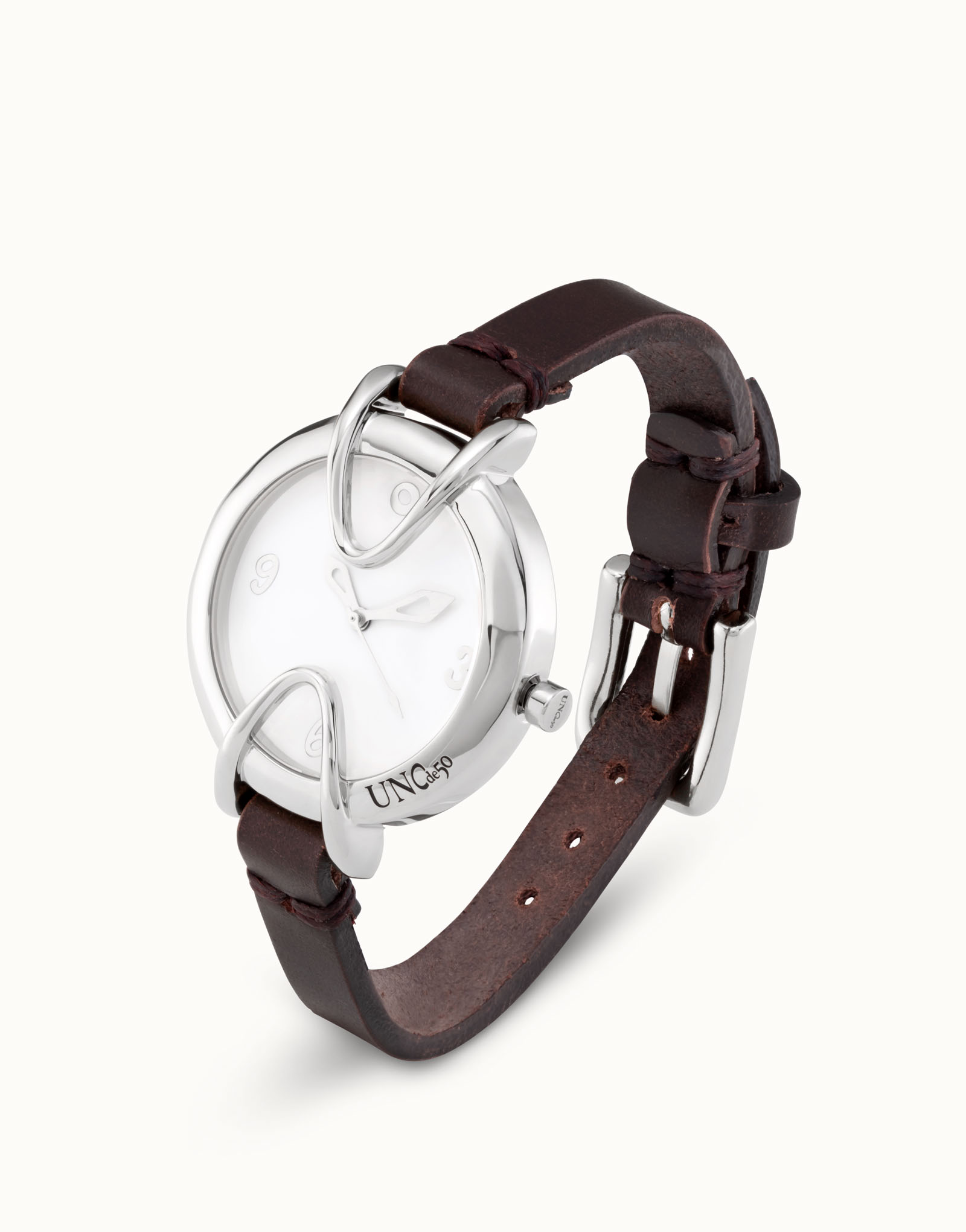 Sterling silver-plated watch with black leather strap and round white dial, Silver, large thumbnail